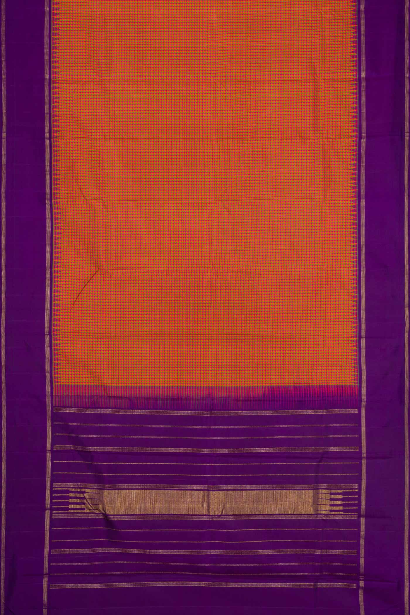 Flat view of Pink, Green and Orange Color Kanjivaram Silk Saree with Checked design on the body and Zari Border. 