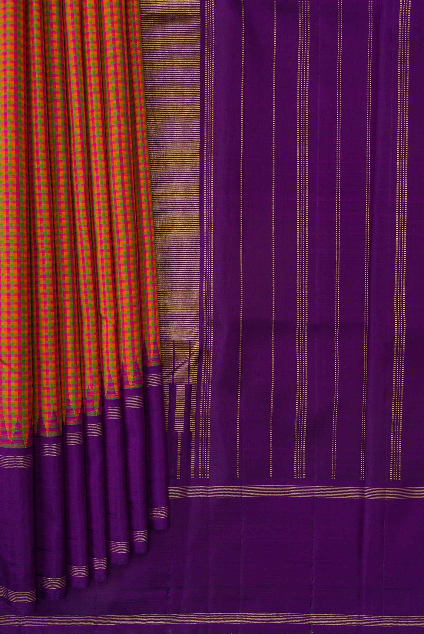 Pleats and pallu of Pink, Green and Orange Color Kanjivaram Silk Saree with Checked design on the body and Zari Border. 