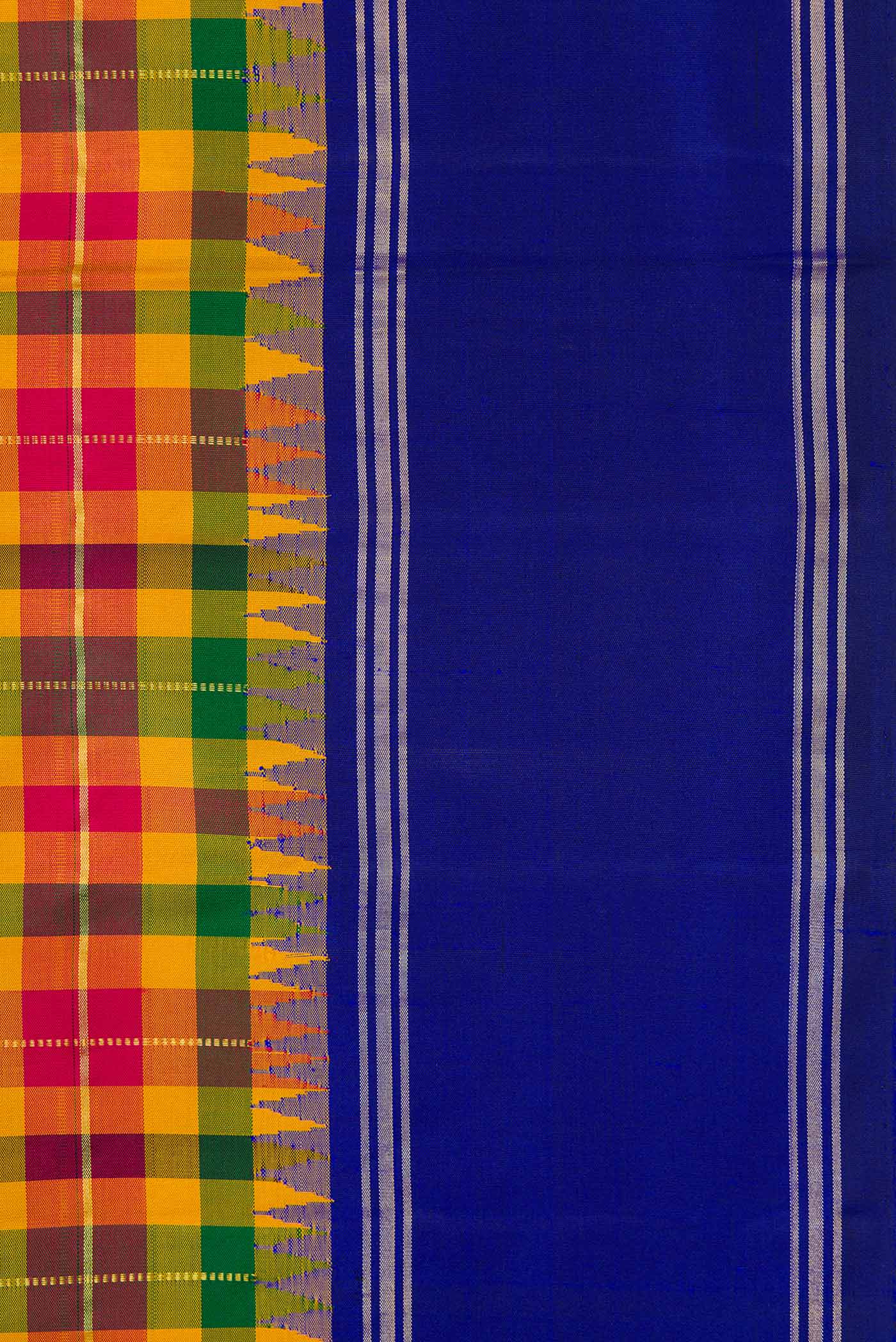 Border image of Mustard, Green and Maroon Color Kanchipuram Silk Saree with Checked design on the body and Zari Border