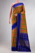 Mustard, Green and Maroon Color Kanchipuram Silk Saree with Checked design on the body and Zari Border displayed on a mannequin