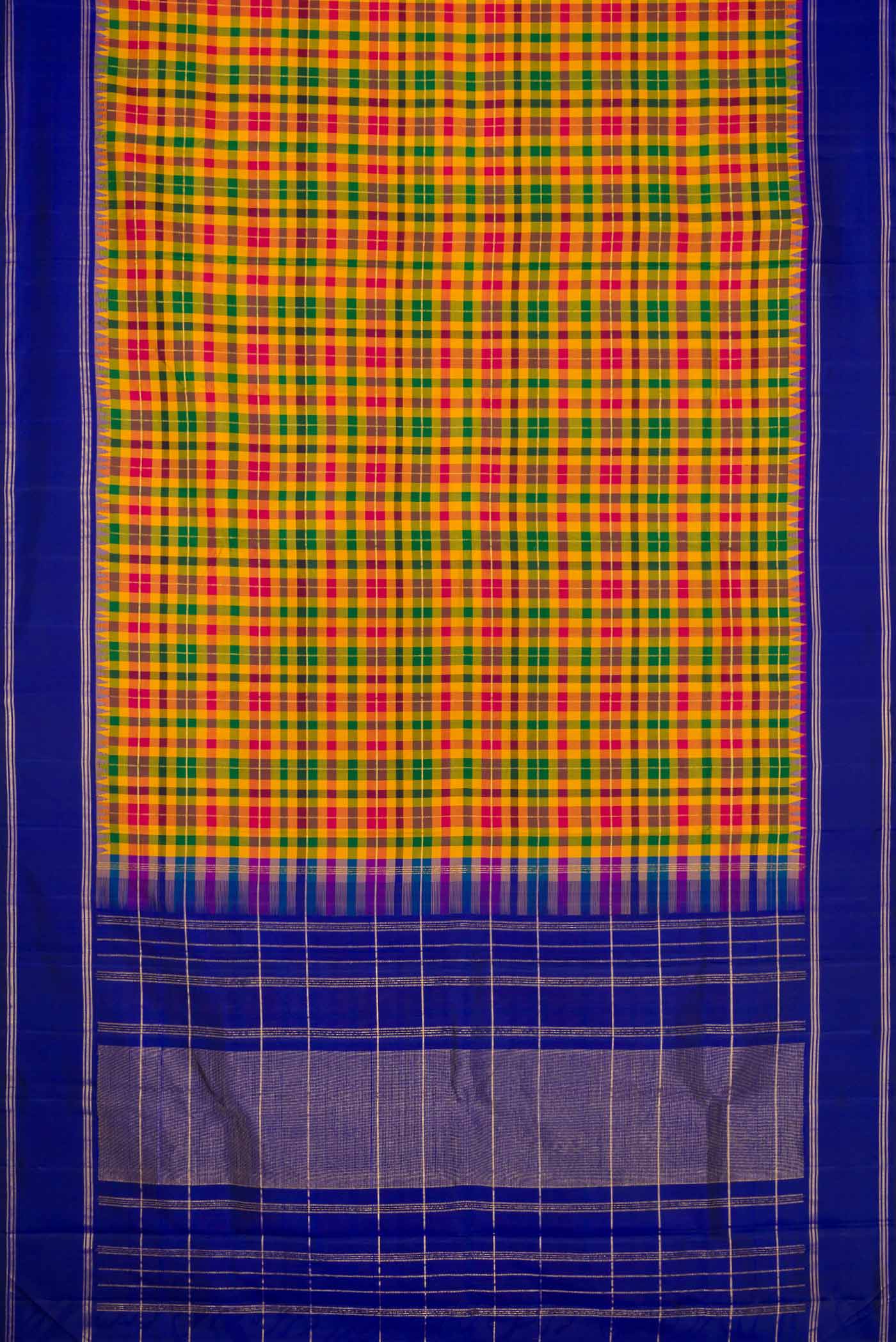 Flat view of Mustard, Green and Maroon Color Kanchipuram Silk Saree with Checked design on the body and Zari Border