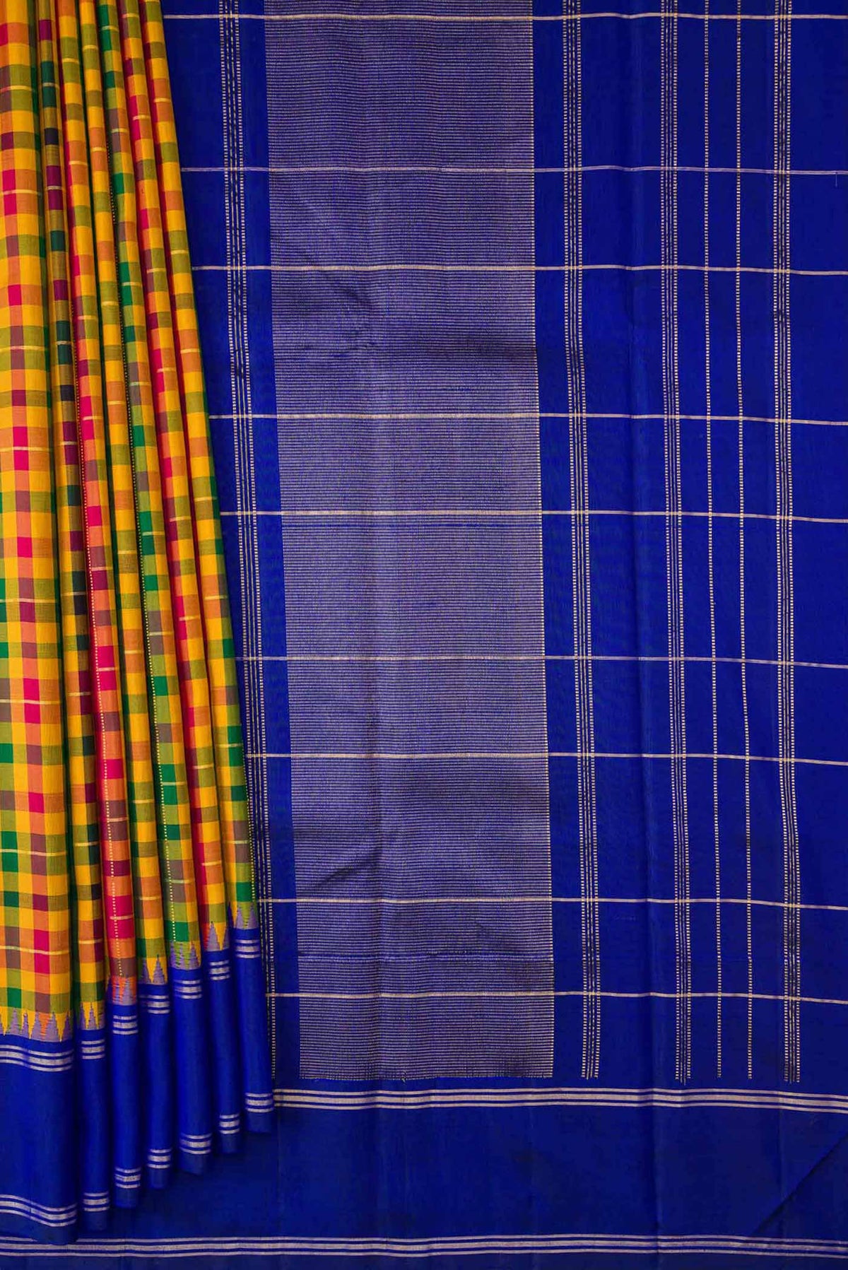 Pleats and pallu of Mustard, Green and Maroon Color Kanchipuram Silk Saree with Checked design on the body and Zari Border