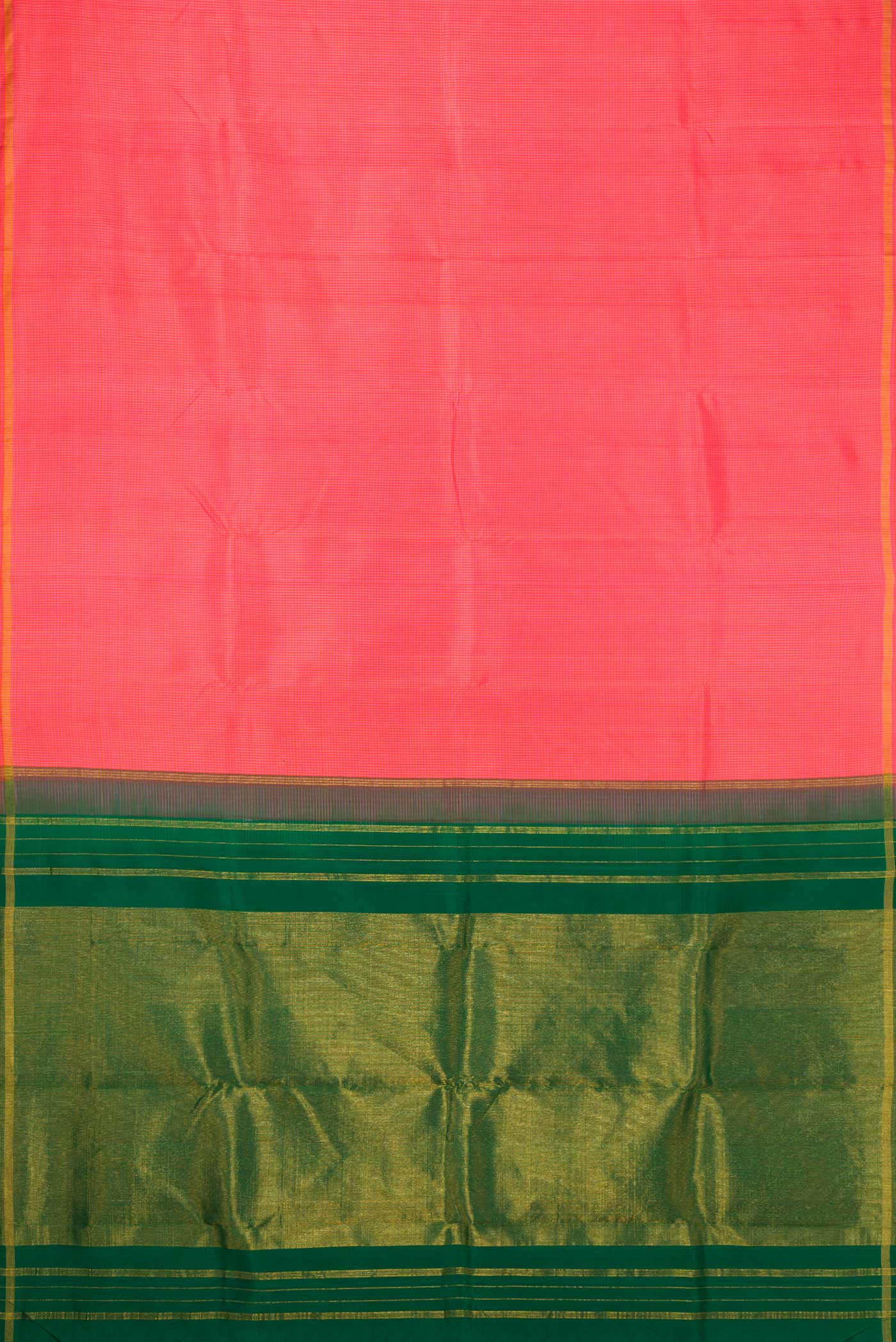 Flat view of Golden Peach Dual Tone Kanchipuram Silk Saree with Checked design on the body and Thin Zari Line. 