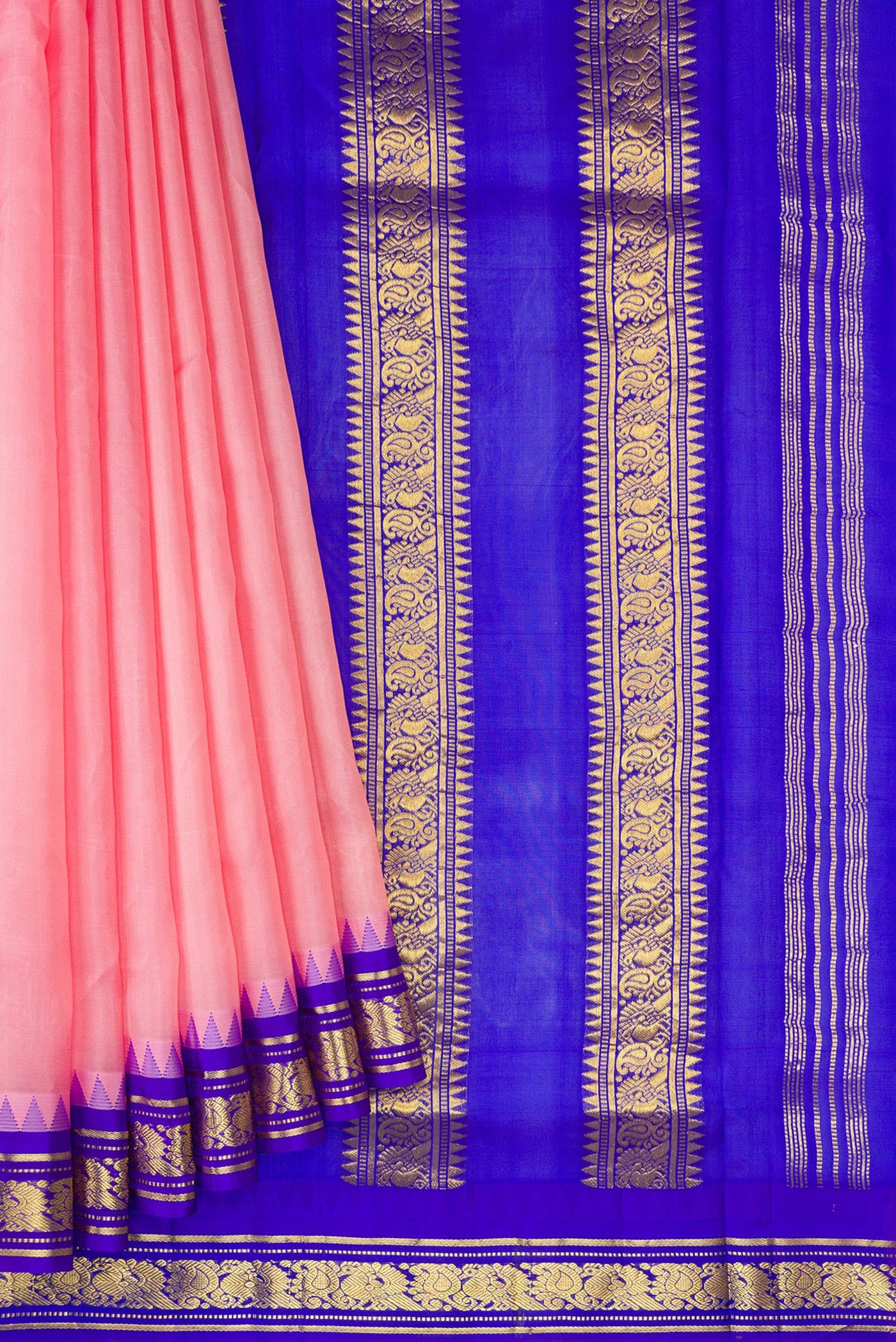 Pleats and pallu of Pink Dual Tone Kanjivaram Silk Nine Yards Saree with Plain Body and Zari Border. 
