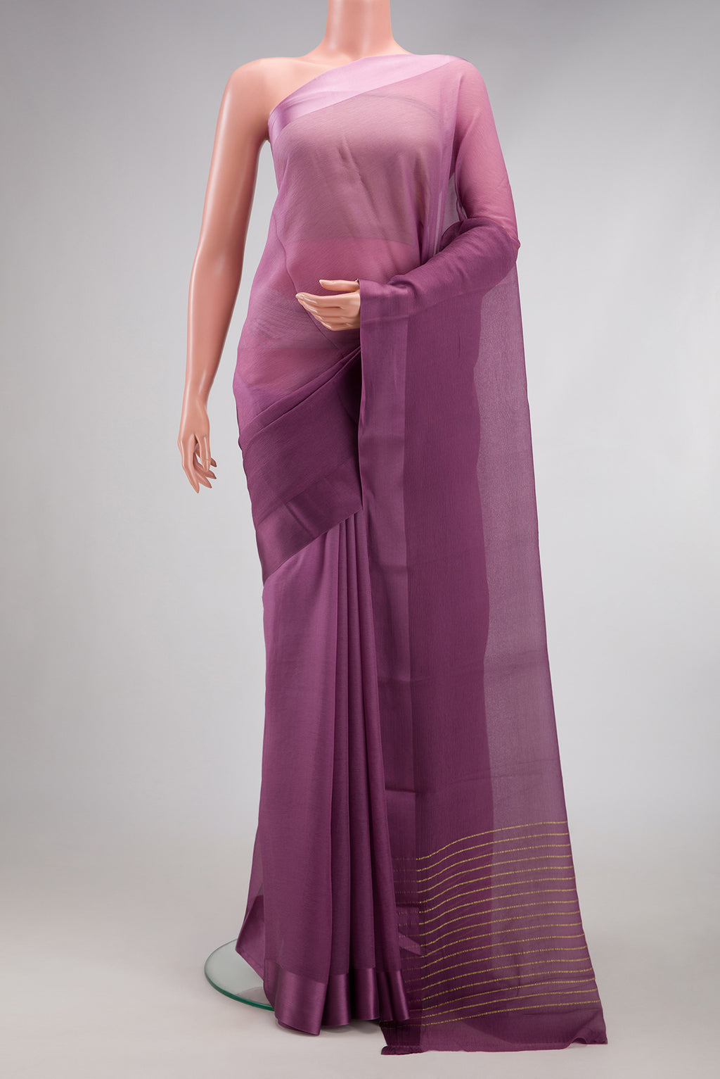 Lavender Mysore Chiffon Saree with Plain Body and Plain Border.  displayed on a mannequin