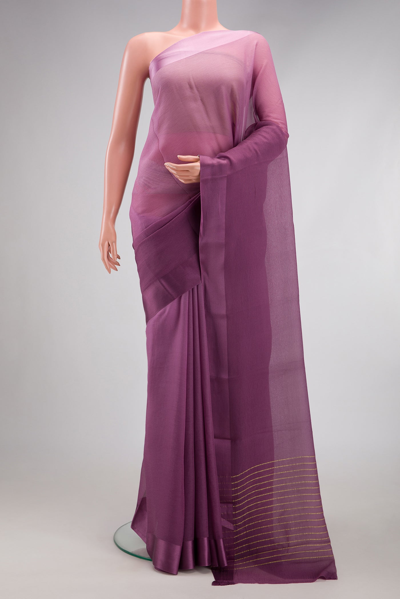 Lavender Mysore Chiffon Saree with Plain Body and Plain Border.  displayed on a mannequin