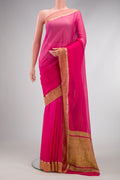 Pink Dual Tone Mysore Chiffon Saree with Plain Body and Zari Border.  displayed on a mannequin