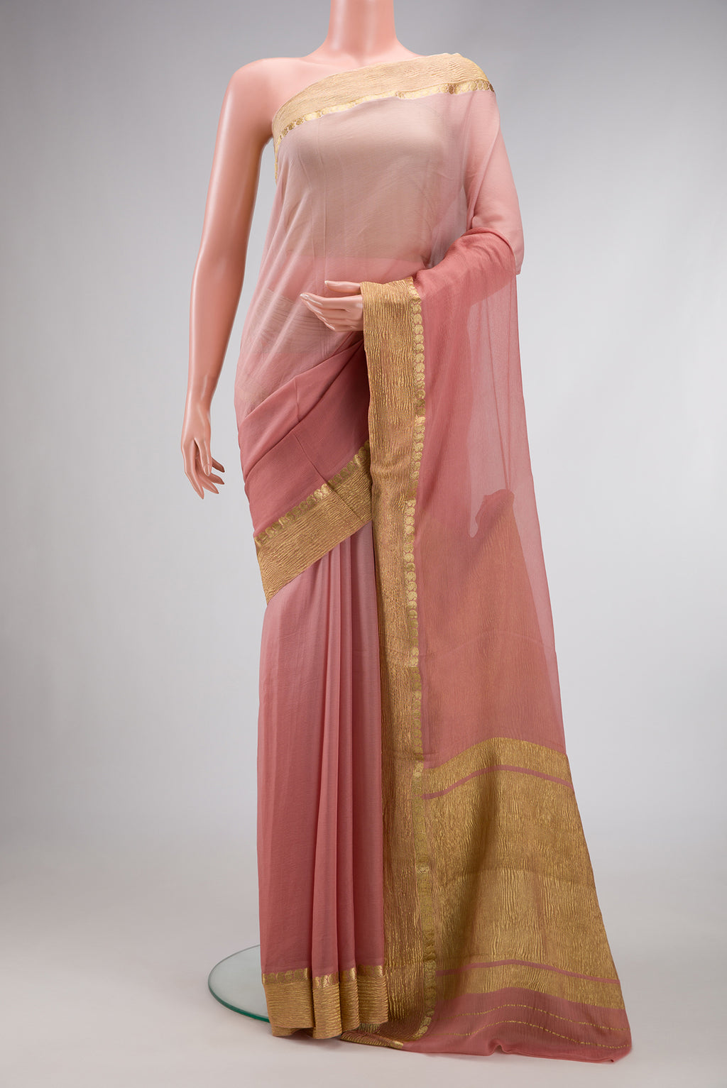 Rose Gold Dual Tone Mysore Chiffon Saree with Plain Body and Zari Border.  displayed on a mannequin