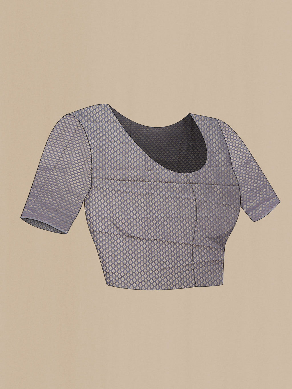 Close up image of the blouse of Grey Mysore Chiffon Saree with Plain Body and Zari Border. 