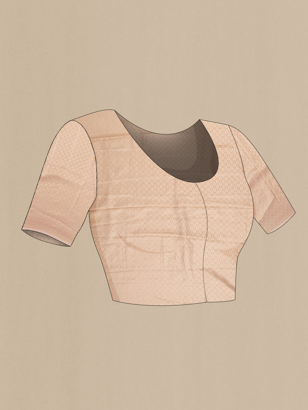 Close up image of the blouse of Beige Mysore Chiffon Saree with Plain Body and Zari Border. 