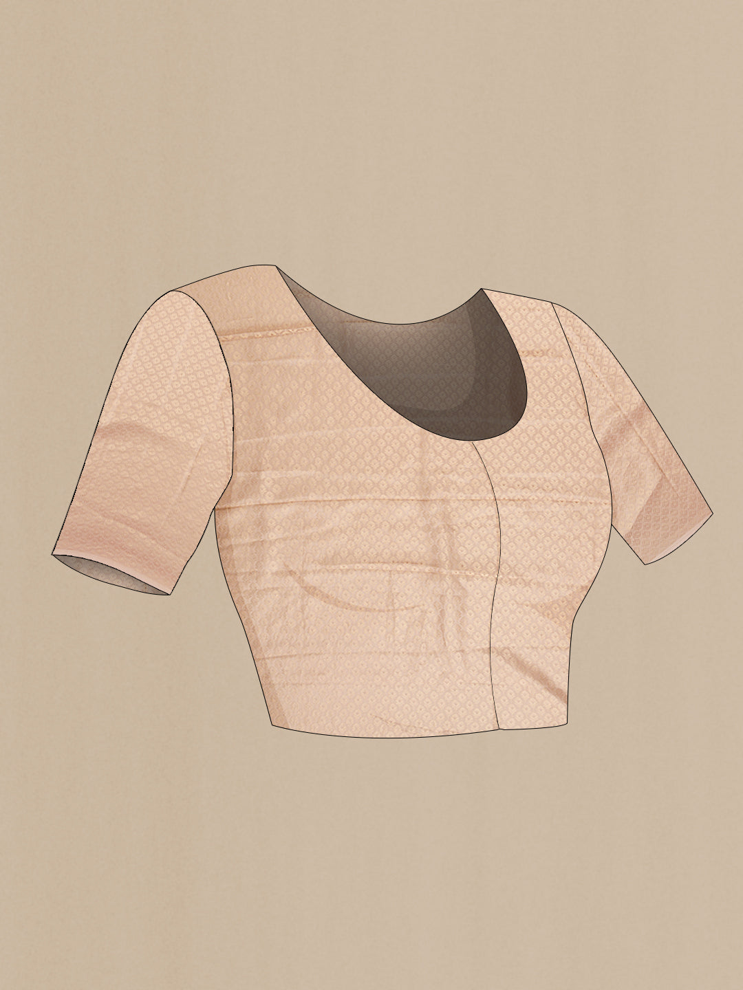 Close up image of the blouse of Beige Mysore Chiffon Saree with Plain Body and Zari Border. 