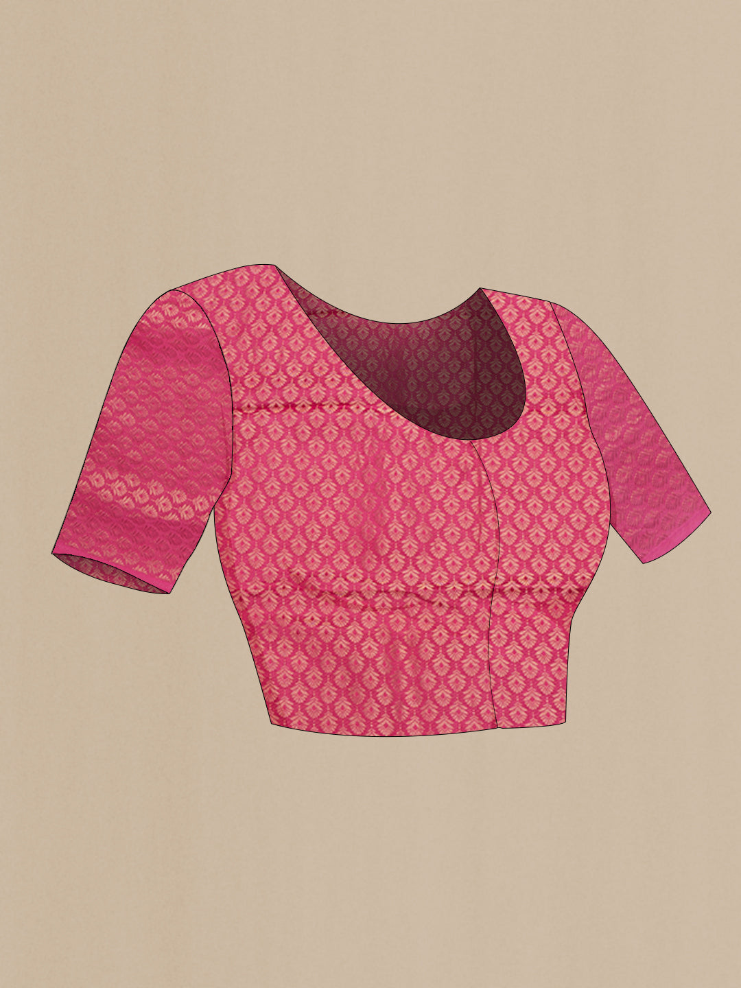 Close up image of the blouse of Pink Mysore Chiffon Saree with Ombre design on the body and Zari Border. 