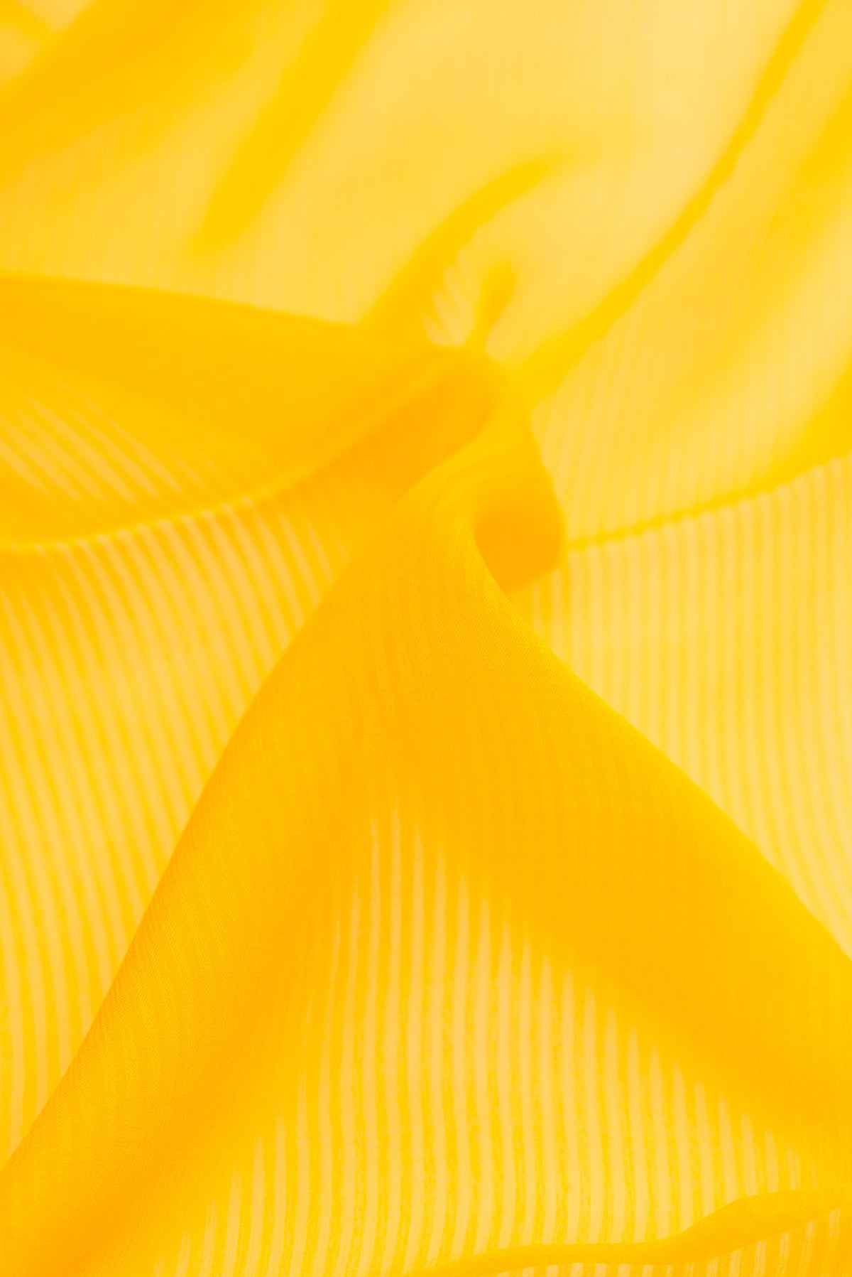 Close up of Yellow Mysore Georgette Saree with Plain Body and Zari Border.  displaying folds