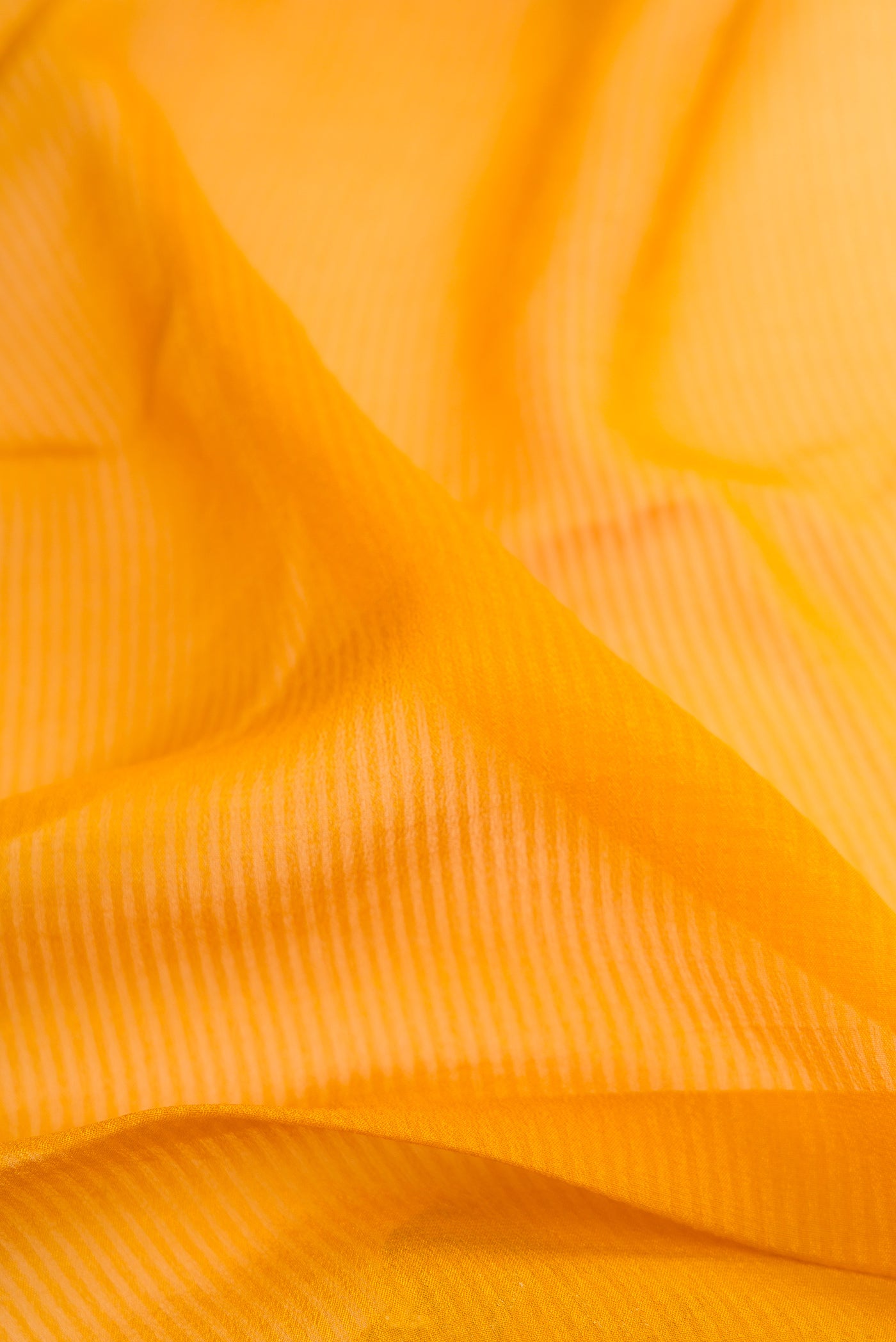 Close up of Mustard Mysore Georgette Saree with Stripes on the body and Zari Border.  displaying folds