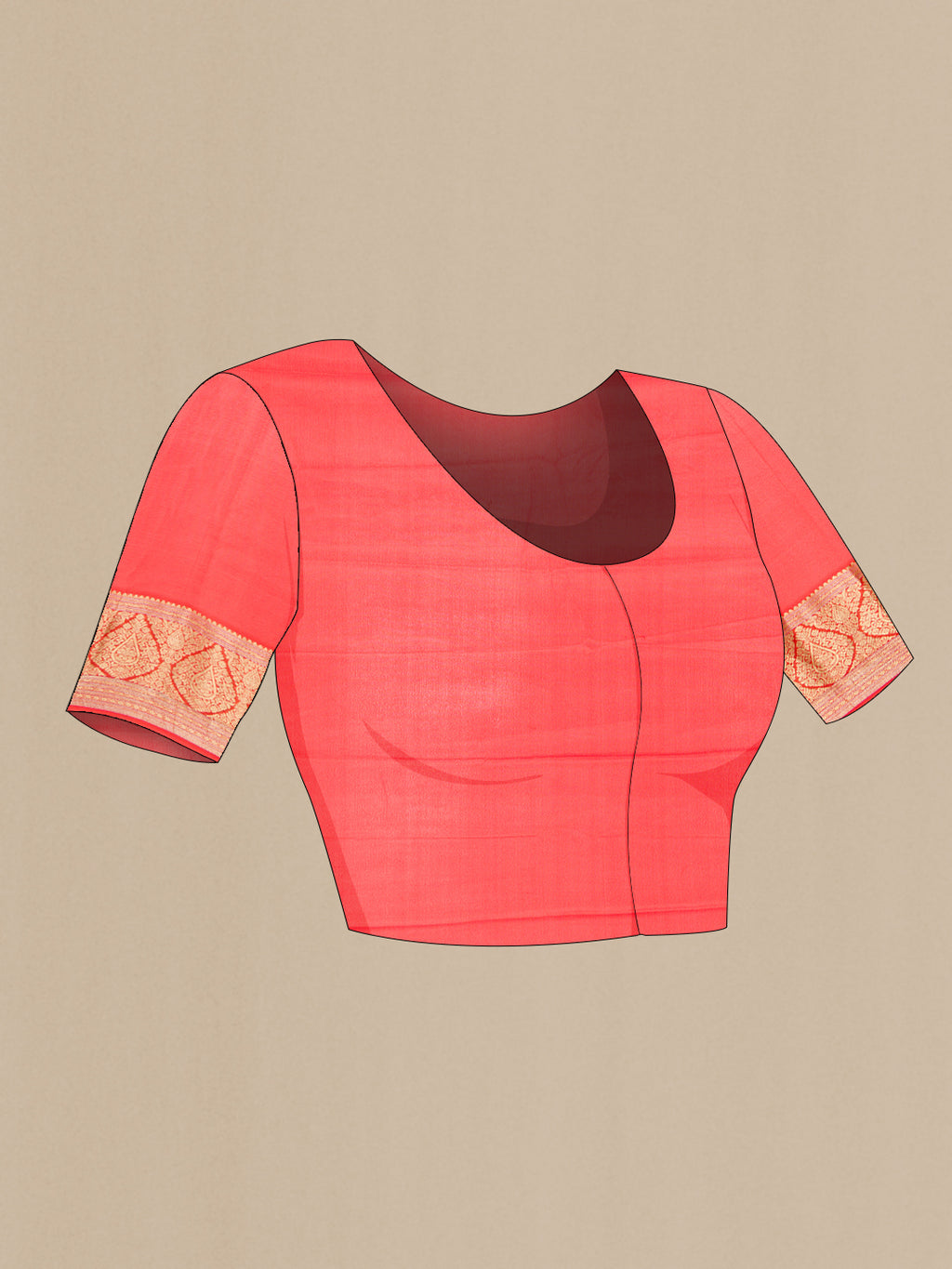 Close up image of the blouse of Brick Orange Dual Tone Mysore Georgette Saree with Plain Body and Zari Border. 