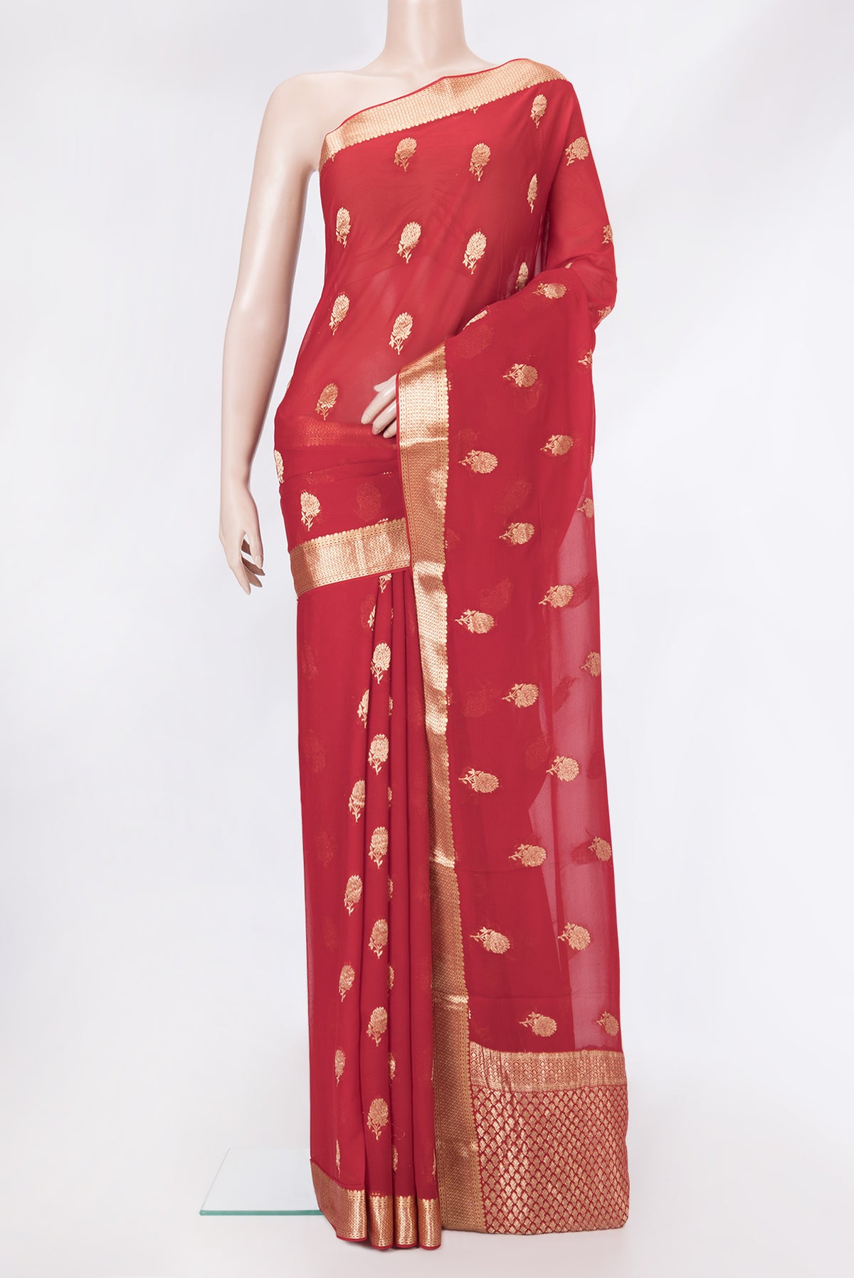 Red Dual Tone Mysore Georgette Saree with Zari Butta on the body and Zari Border.  displayed on a mannequin
