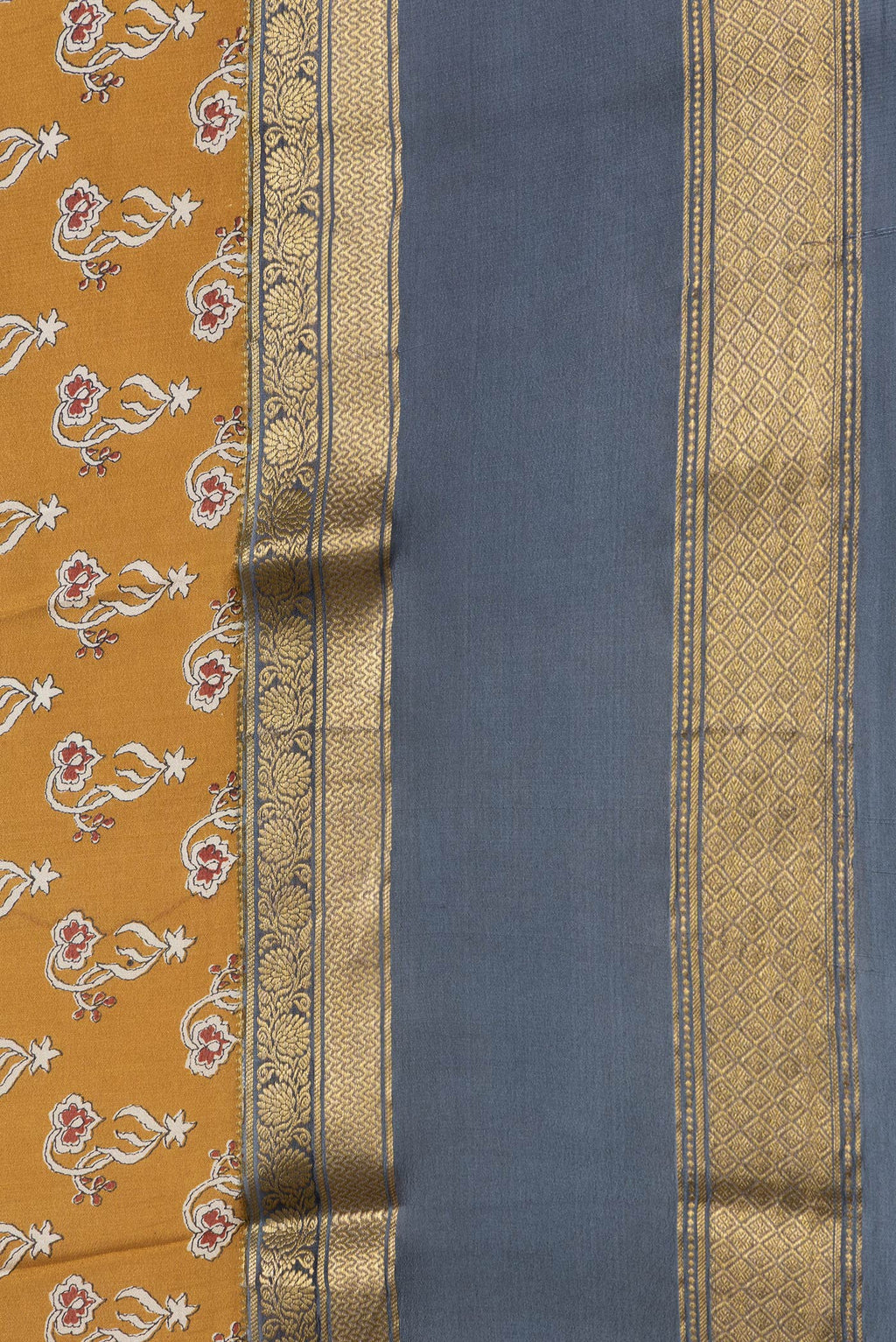 Border image of Mustard Dual Tone Mysore Crepe Saree with Printed design on the body and Zari Border. 