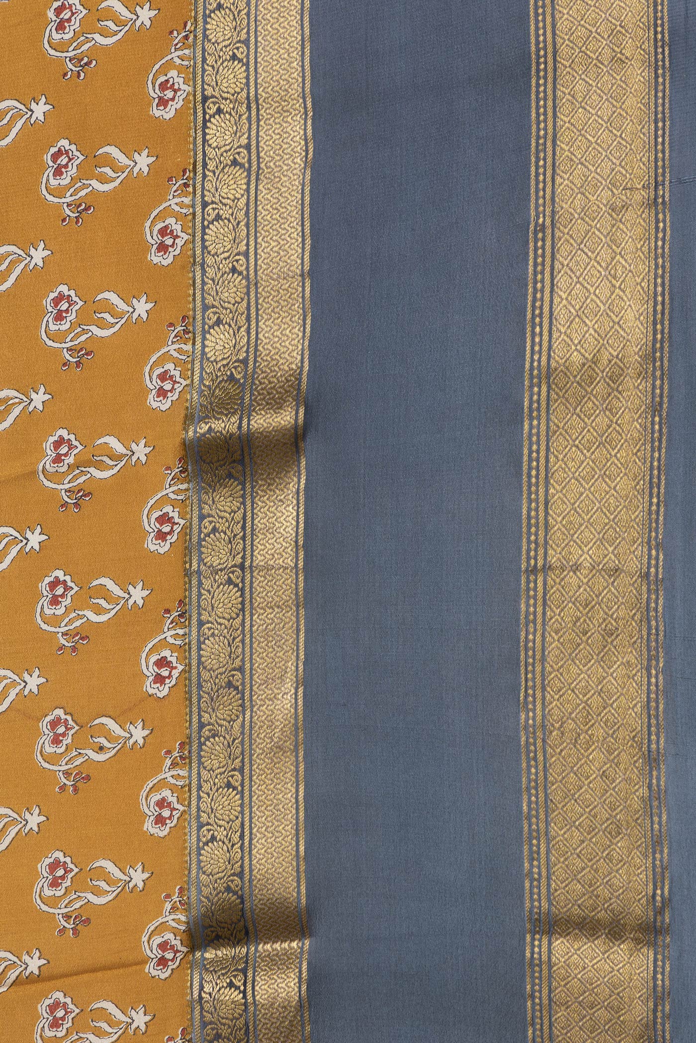 Border image of Mustard Dual Tone Mysore Crepe Saree with Printed design on the body and Zari Border. 