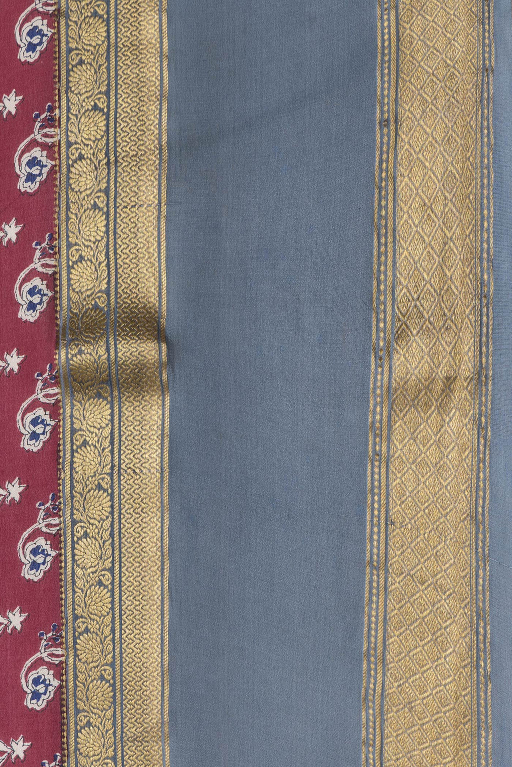 Border image of Maroon Dual Tone Mysore Crepe Saree with Printed design on the body and Zari Border. 