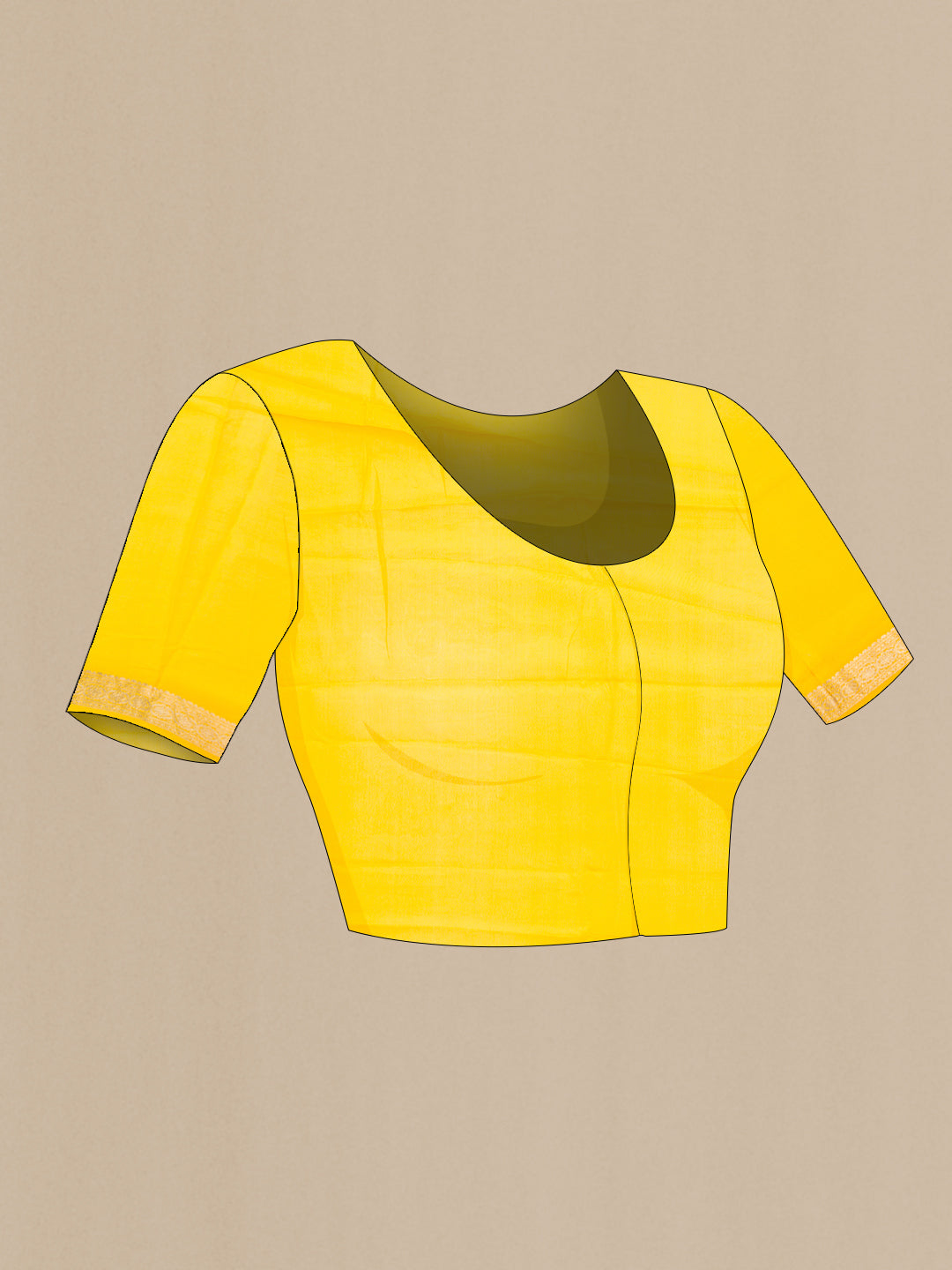 Close up image of the blouse of Yellow Mysore Crepe Saree with Plain Body and Zari Border. 