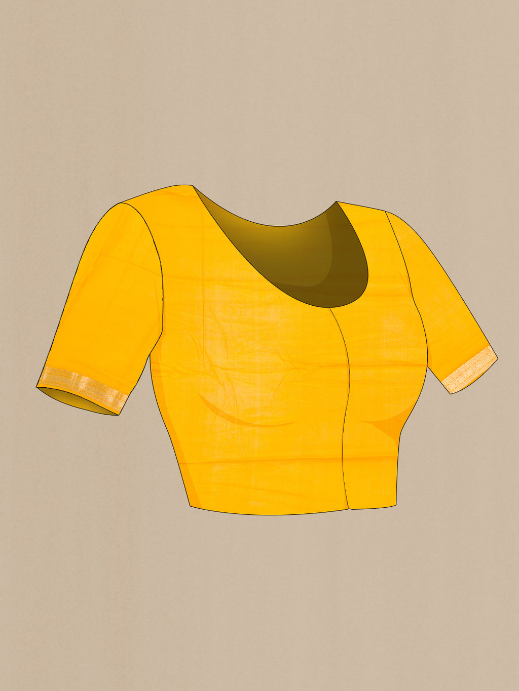 Close up image of the blouse of Yellow Dual Tone Mysore Georgette Saree with Plain Body and Zari Border. 