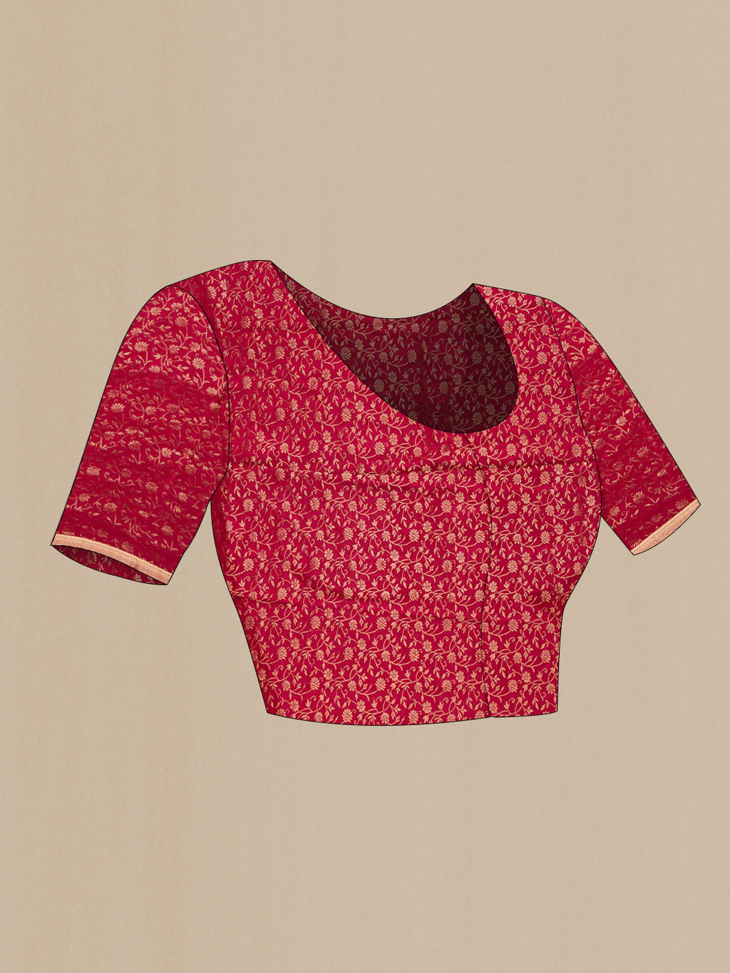 Close up image of the blouse of Maroon Dual Tone Mysore Georgette Saree with Plain Body and Zari Border. 