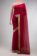 Maroon Dual Tone Mysore Georgette Saree with Plain Body and Zari Border.  displayed on a mannequin