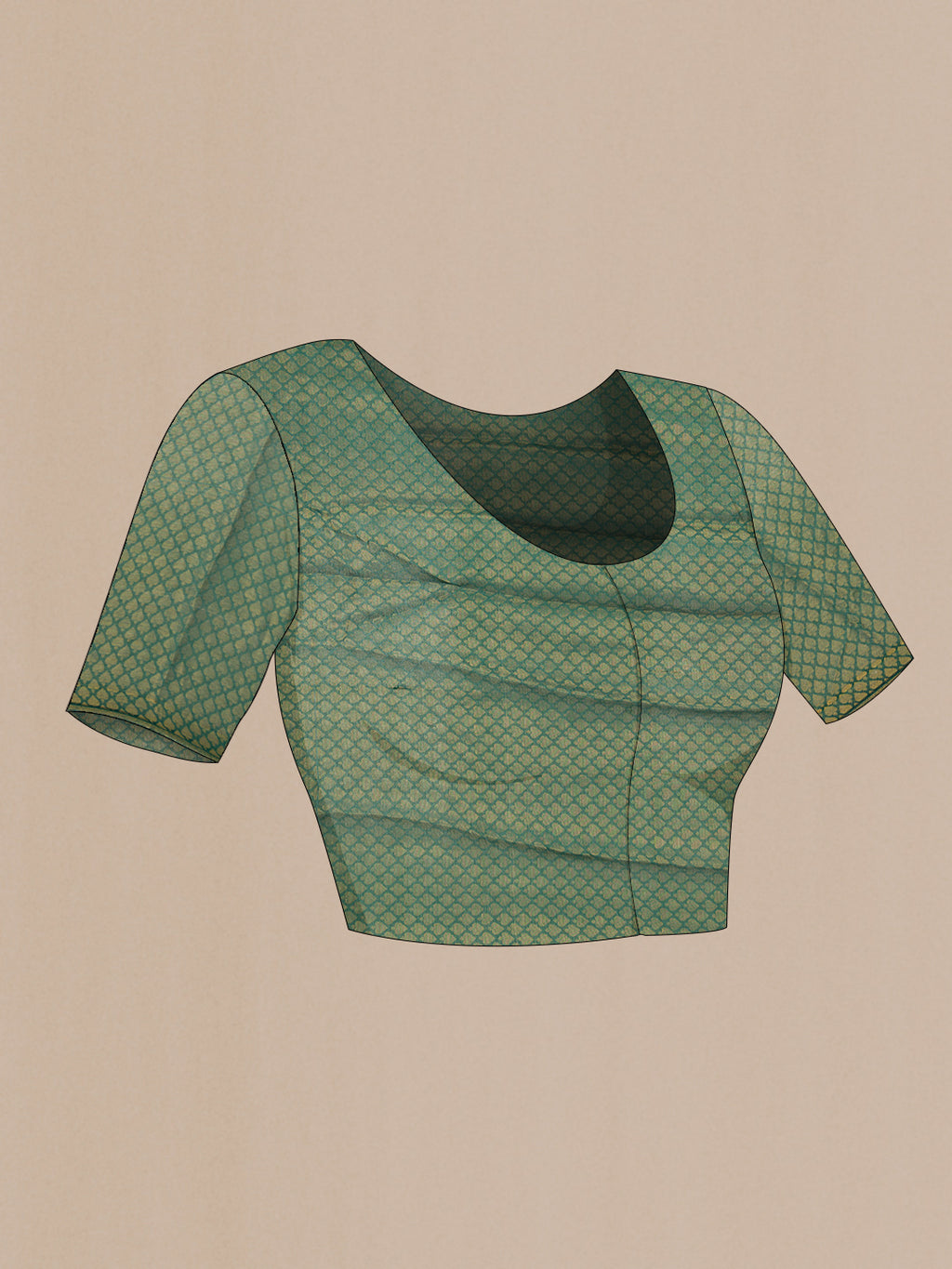 Close up image of the blouse of Bottle Green Mysore Georgette Saree with Plain Body and Zari Border. 