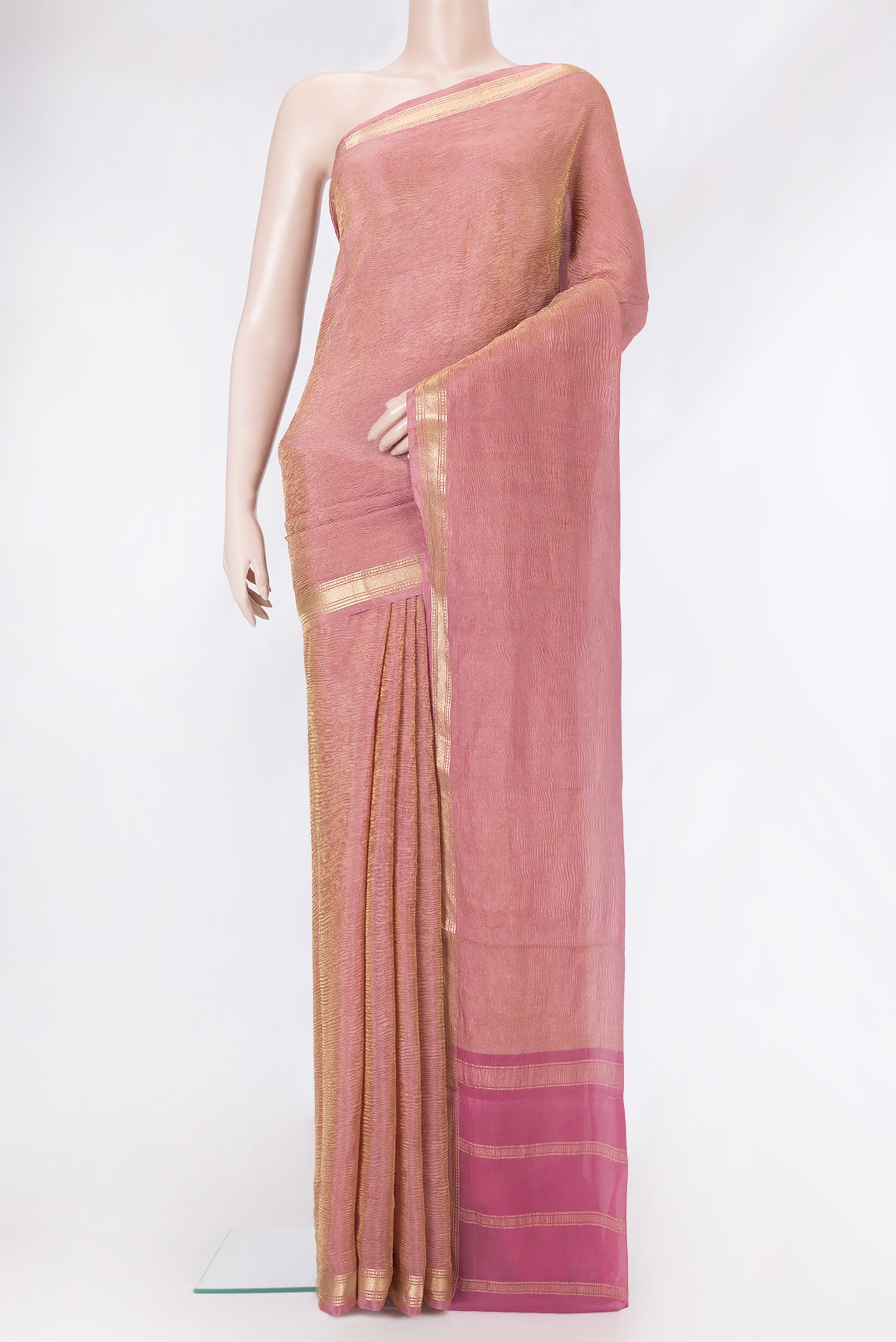 Pink Dual Tone Mysore Georgette Saree with Plain Body and Zari Border.  displayed on a mannequin