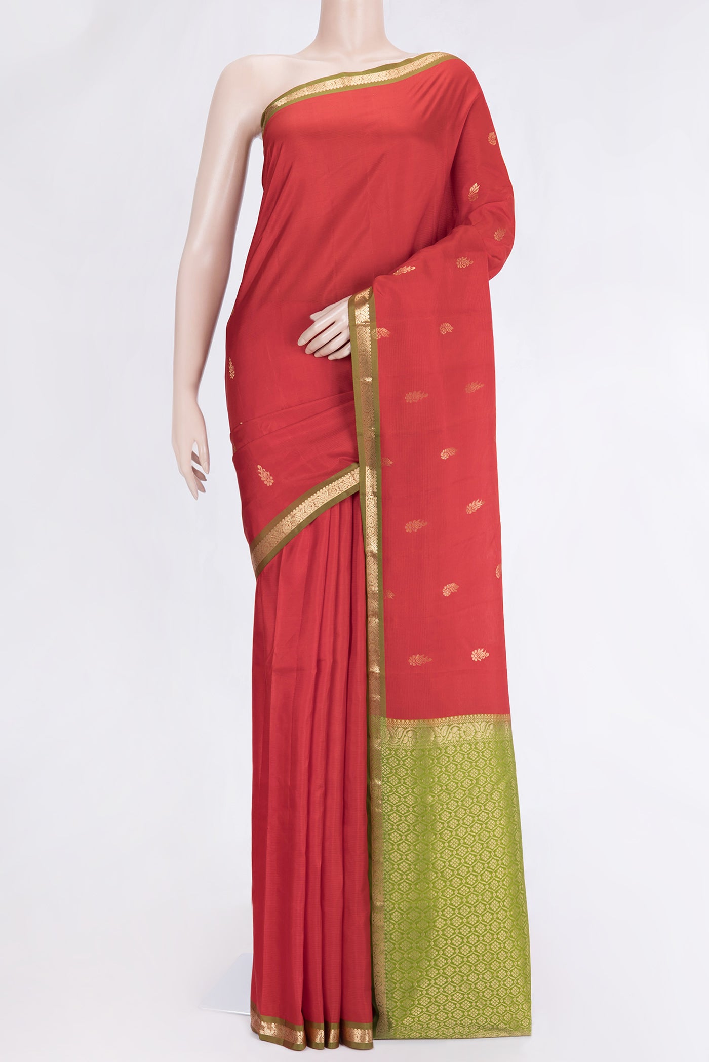 Red Dual Tone Kanjivaram Silk Saree with Zari Butta on the body and Zari Border.  displayed on a mannequin