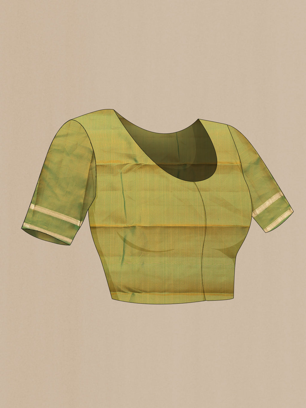 Close up image of the blouse of Mustard Dual Tone Kanjivaram Silk Saree with Zari Butta on the body and Zari Border. 
