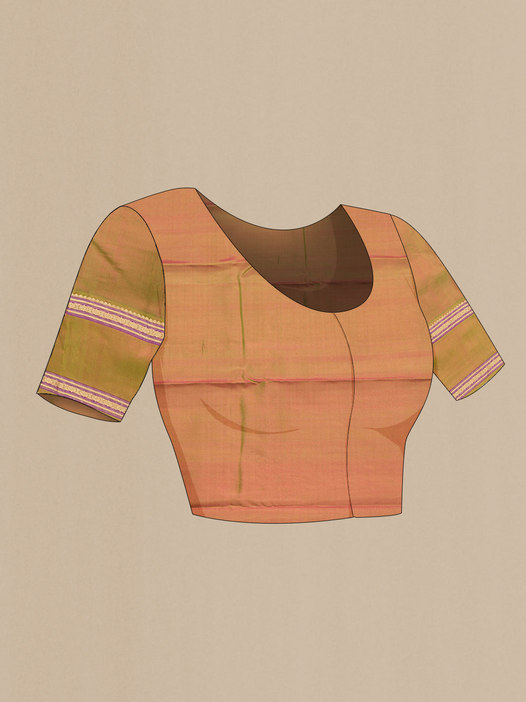 Close up image of the blouse of Orange Dual Tone Kanchipuram Silk Saree with Zari Butta on the body and Zari Border. 