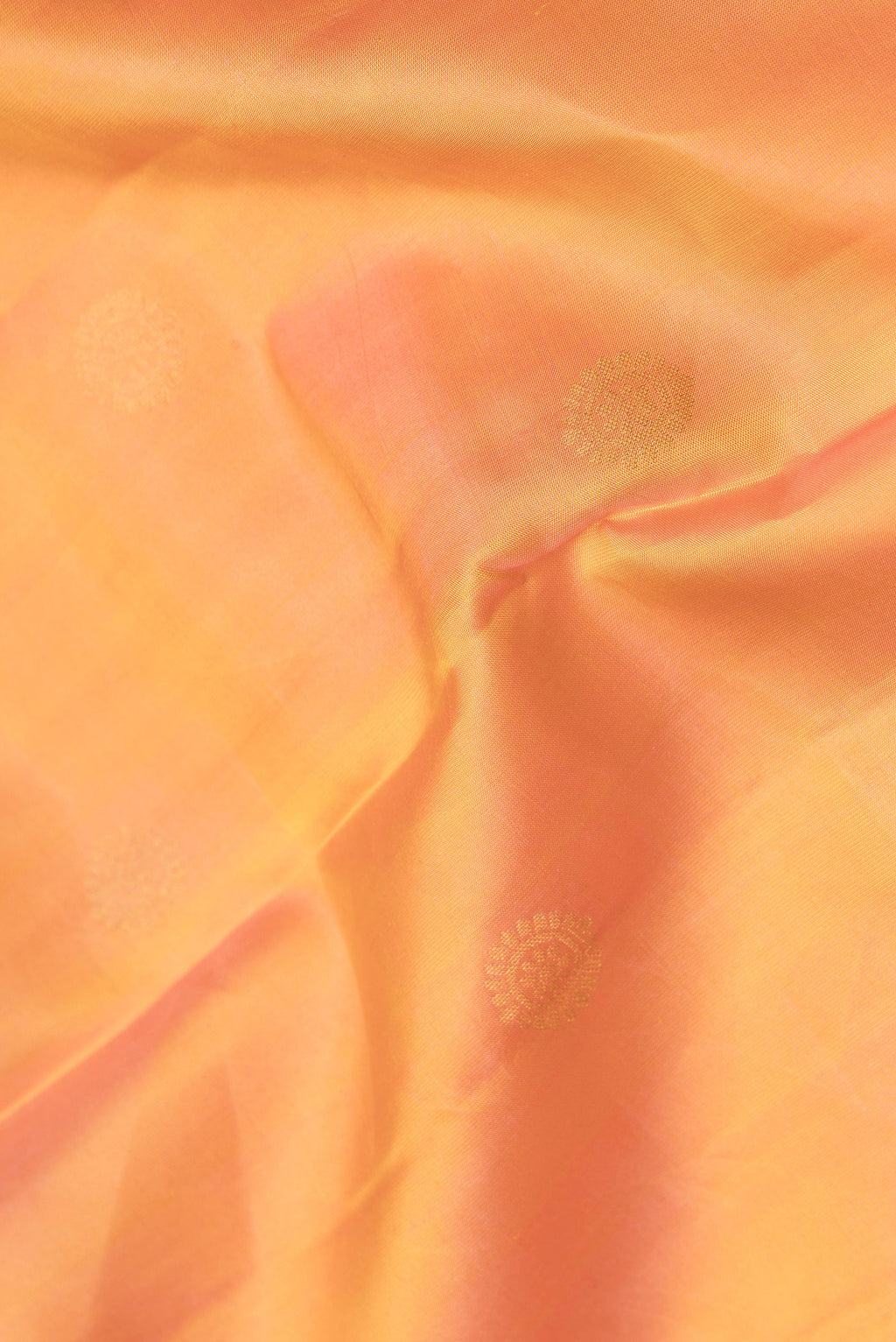 Close up of Sandal Dual Tone Kanchipuram Silk Saree with Zari Butta on the body and Zari Border.  displaying folds