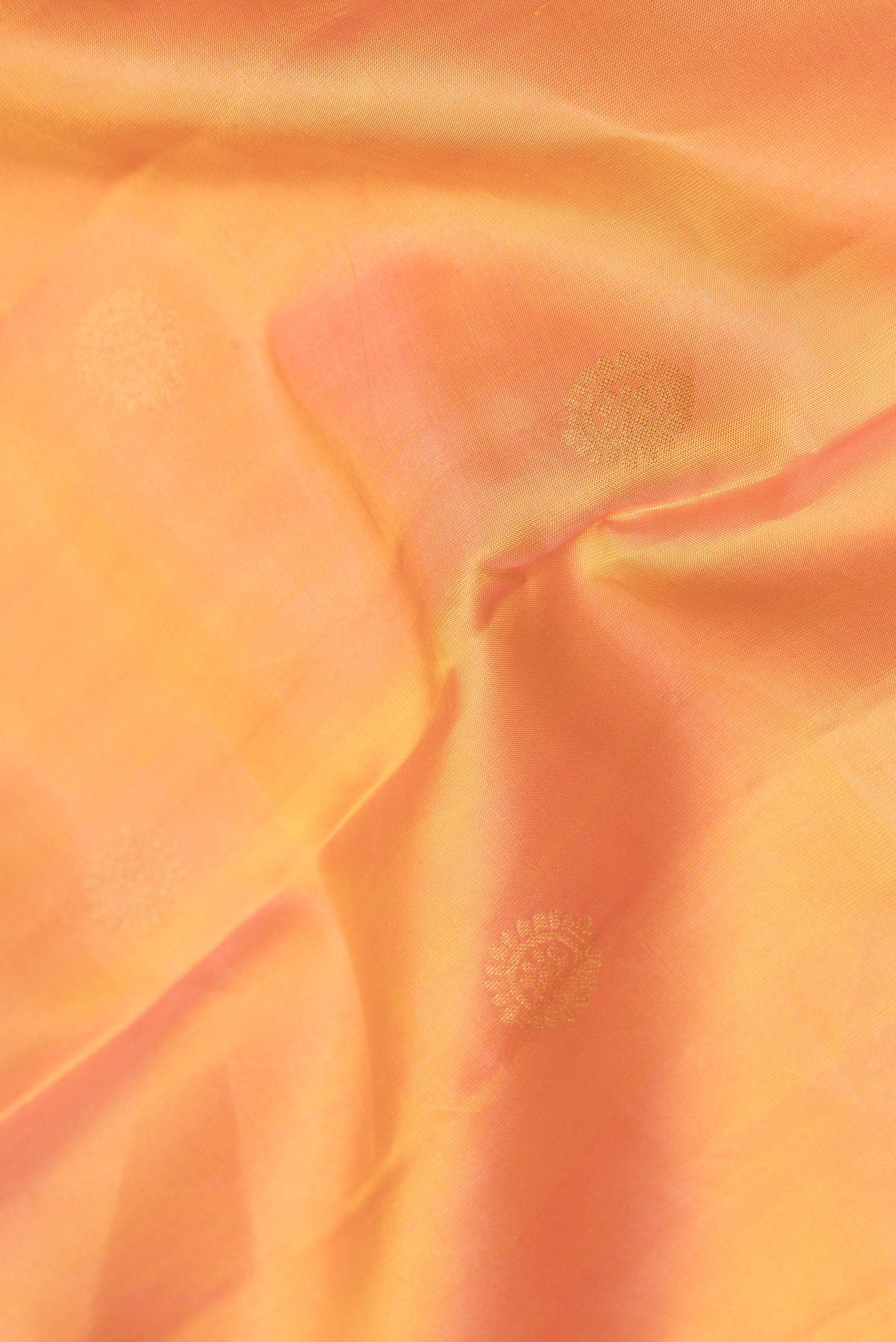 Close up of Sandal Dual Tone Kanchipuram Silk Saree with Zari Butta on the body and Zari Border.  displaying folds