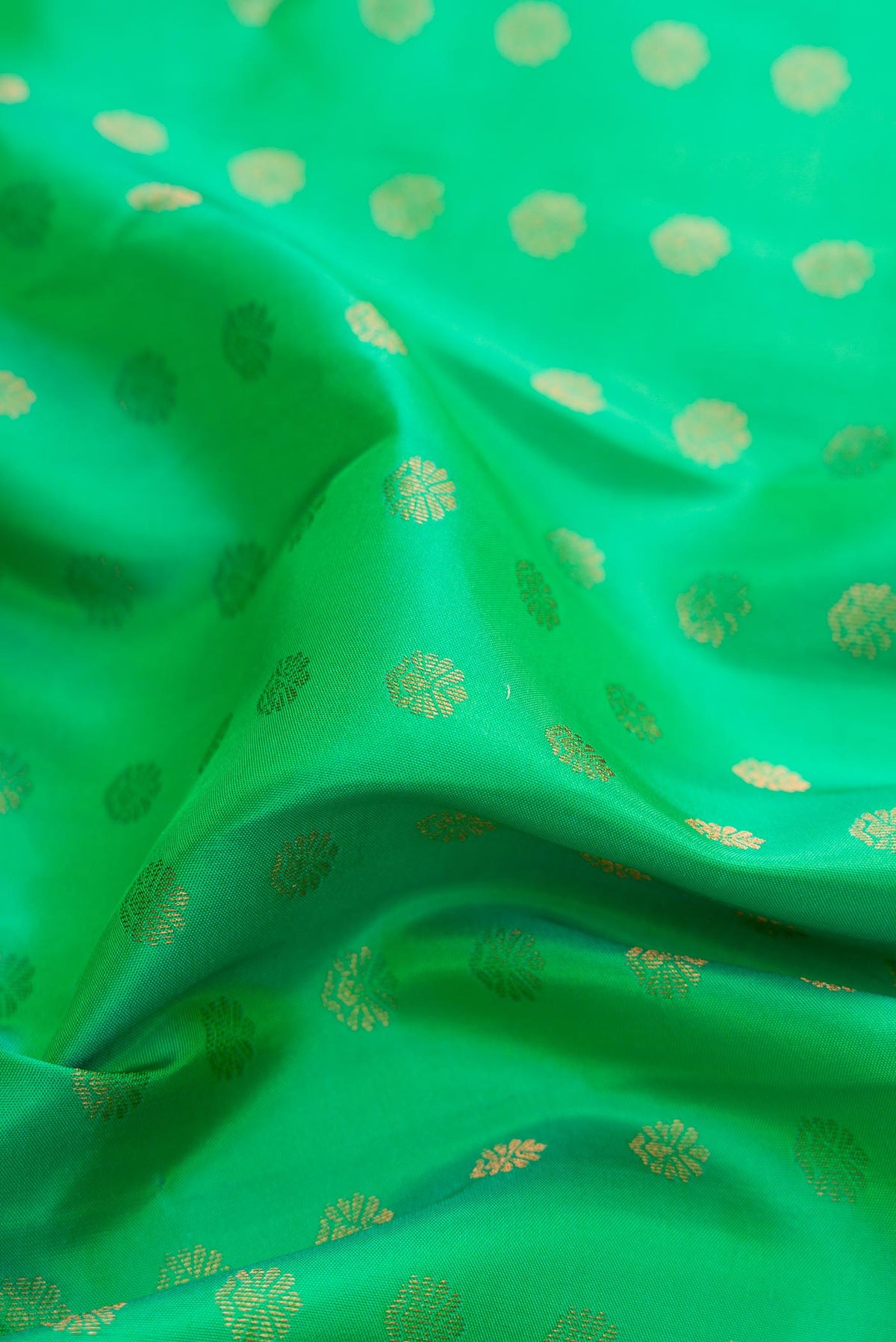 Close up of Green Dual Tone Kanchipuram Silk Saree with Zari Butta on the body and Zari Border displaying folds