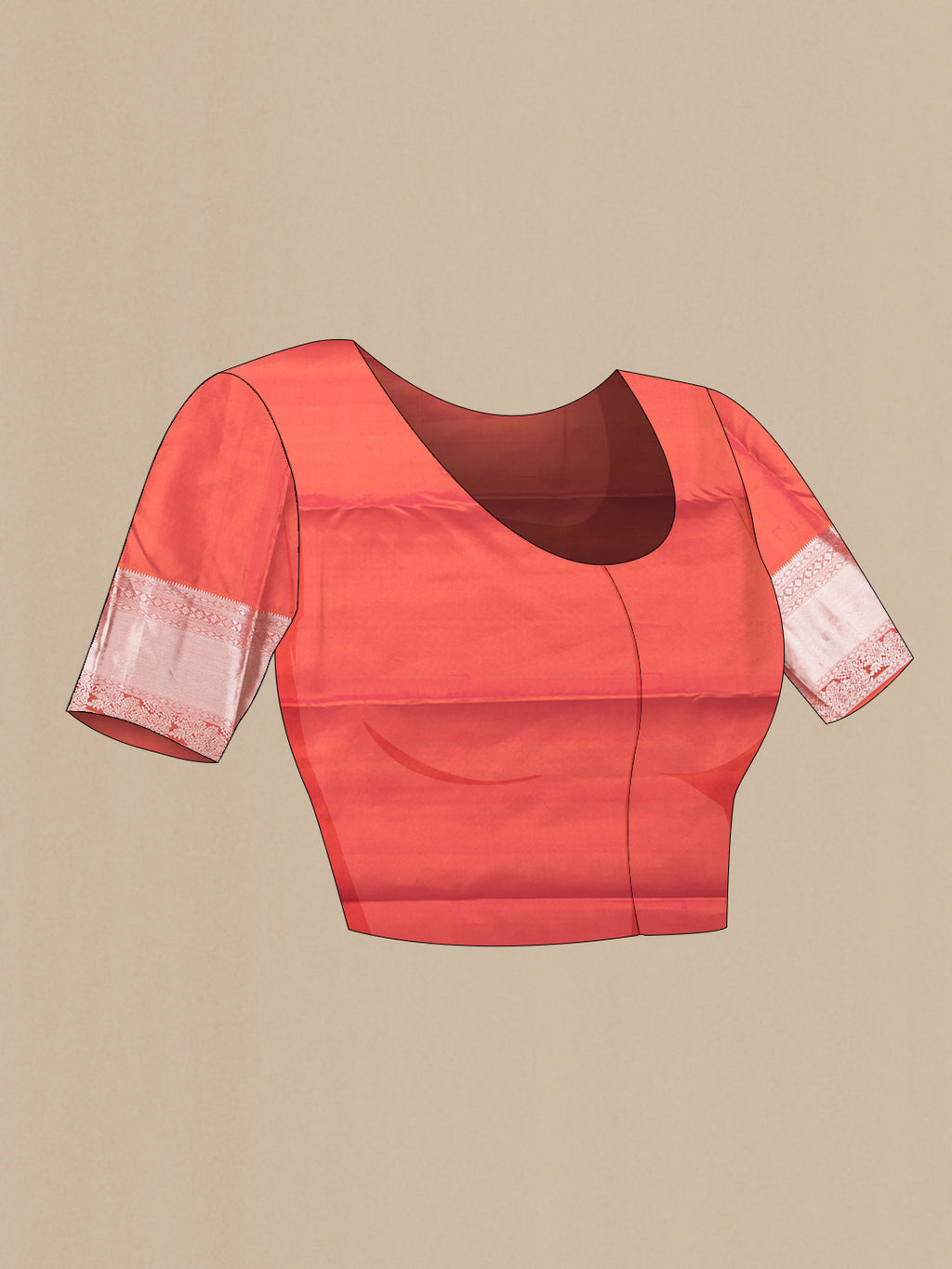 Close up image of the blouse of Coral Dual Tone Kanchipuram Silk Saree with Zari Butta on the body and Zari Border. 
