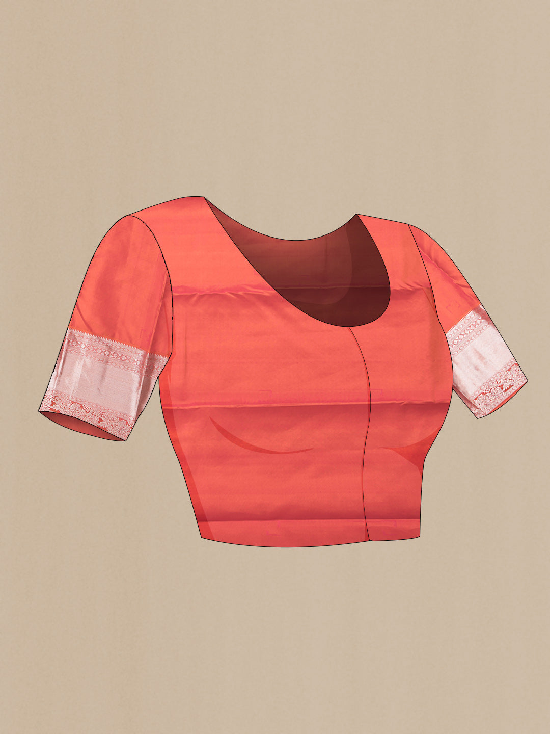 Close up image of the blouse of Coral Dual Tone Kanchipuram Silk Saree with Zari Butta on the body and Zari Border. 