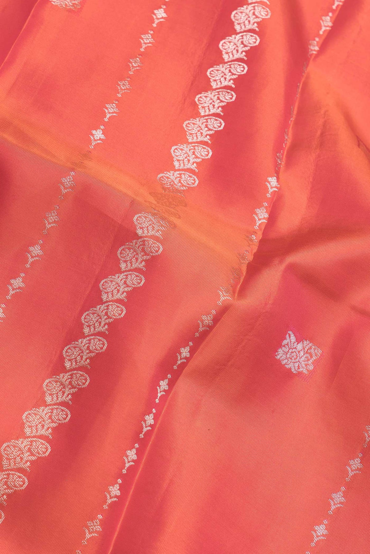 Close up of Coral Dual Tone Kanchipuram Silk Saree with Zari Butta on the body and Zari Border.  displaying folds