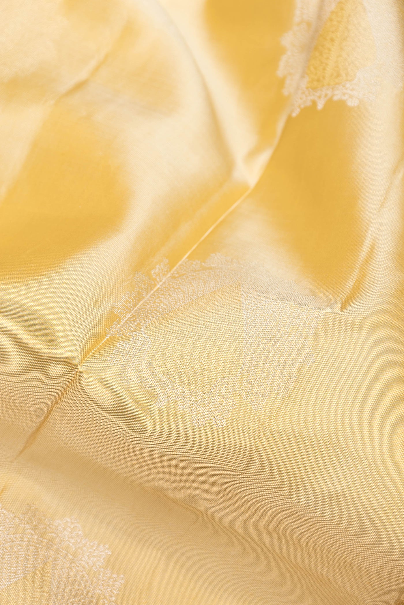 Close up of Beige Dual Tone Kanjivaram Silk Saree with Zari Butta on the body and Zari Border.  displaying folds