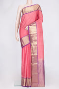 Pink Dual Tone Kanchipuram Silk Saree with Plain Body and Zari Border.  displayed on a mannequin