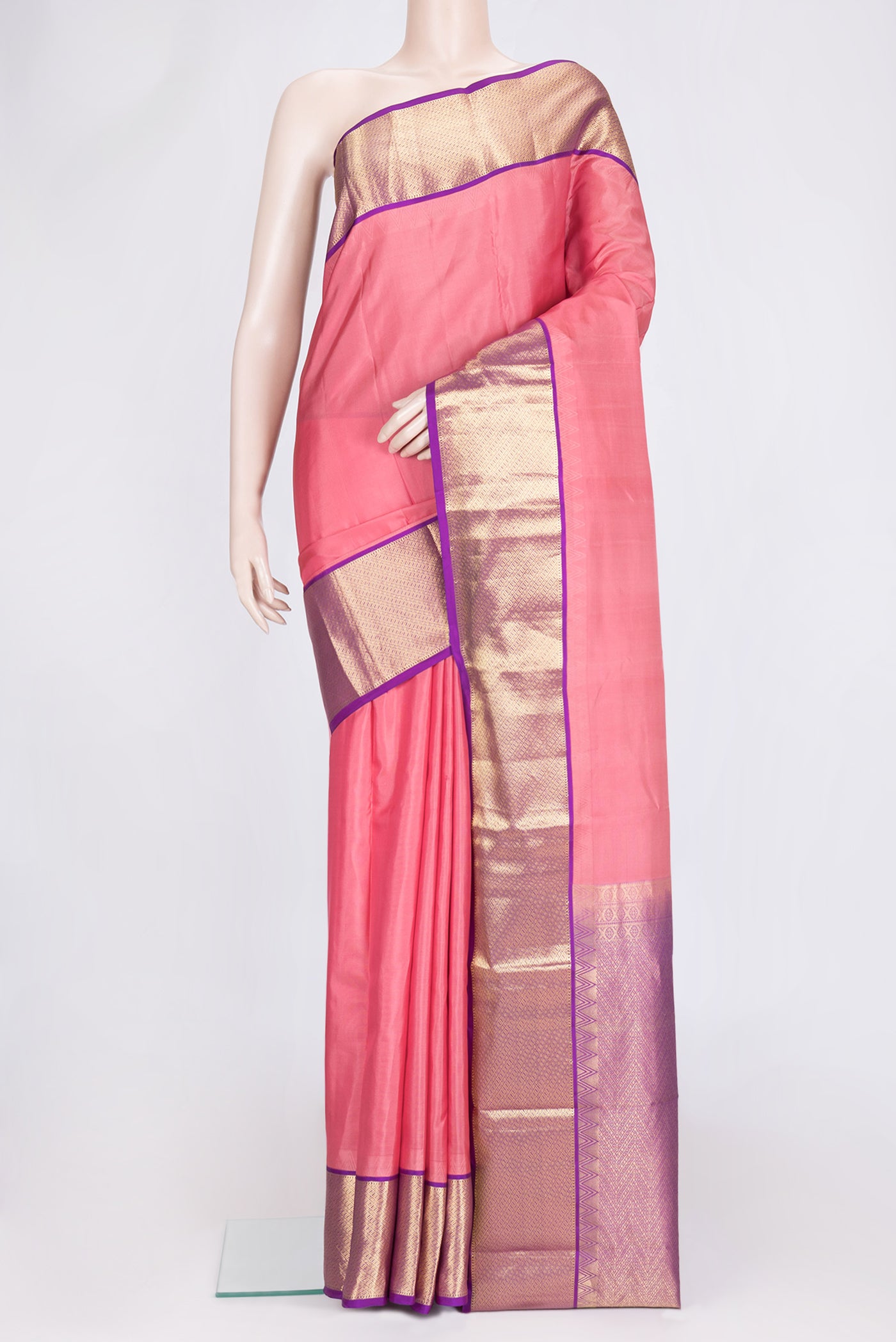 Pink Dual Tone Kanchipuram Silk Saree with Plain Body and Zari Border.  displayed on a mannequin