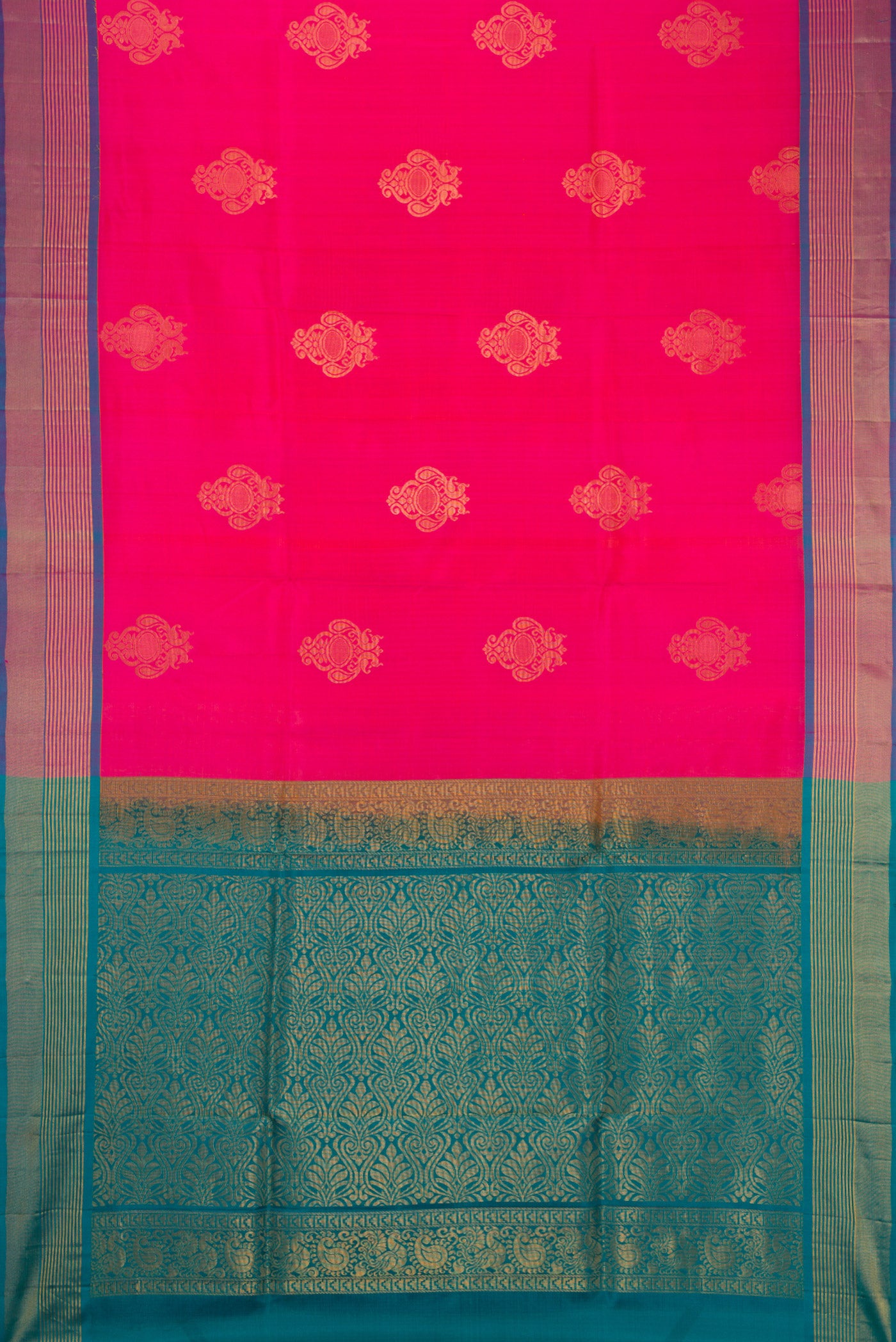 Pink Soft Silk Saree with Zari Butta on the body and Zari Border.  displayed on a mannequin