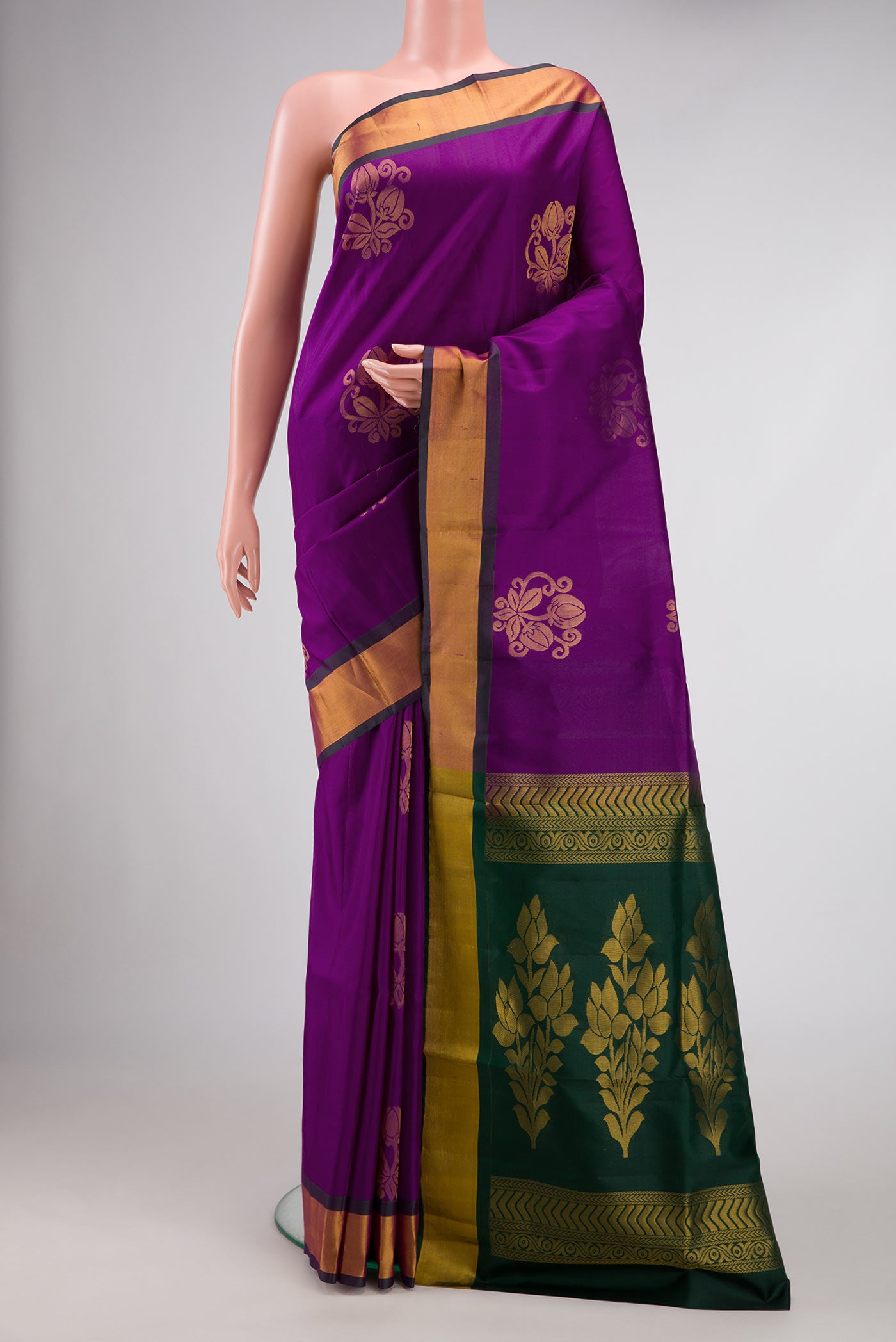 Purple Dual Tone Soft Silk Saree with Zari Butta on the body and Zari Border.  displayed on a mannequin