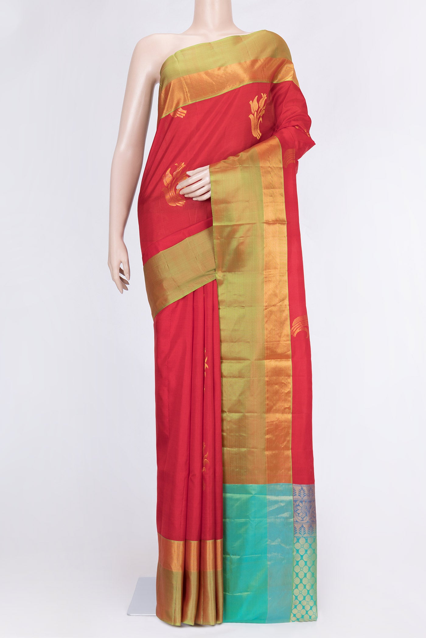 Red Dual Tone Soft Silk Saree with Zari Butta on the body and Zari Border.  displayed on a mannequin