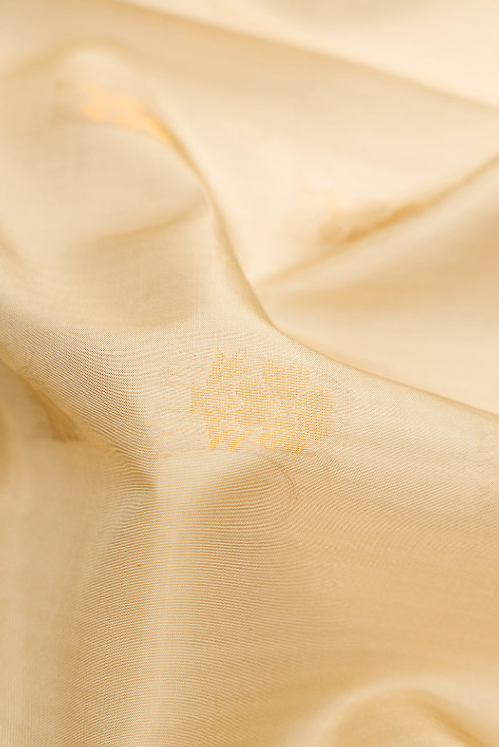 Close up of Beige Soft Silk Saree with Zari Butta on the body and Zari Border.  displaying folds
