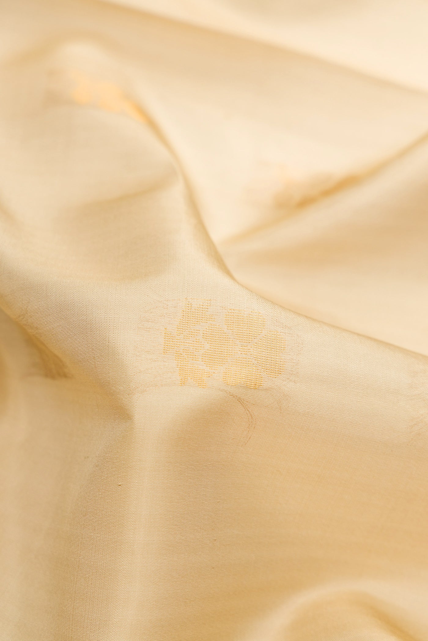 Close up of Beige Soft Silk Saree with Zari Butta on the body and Zari Border.  displaying folds