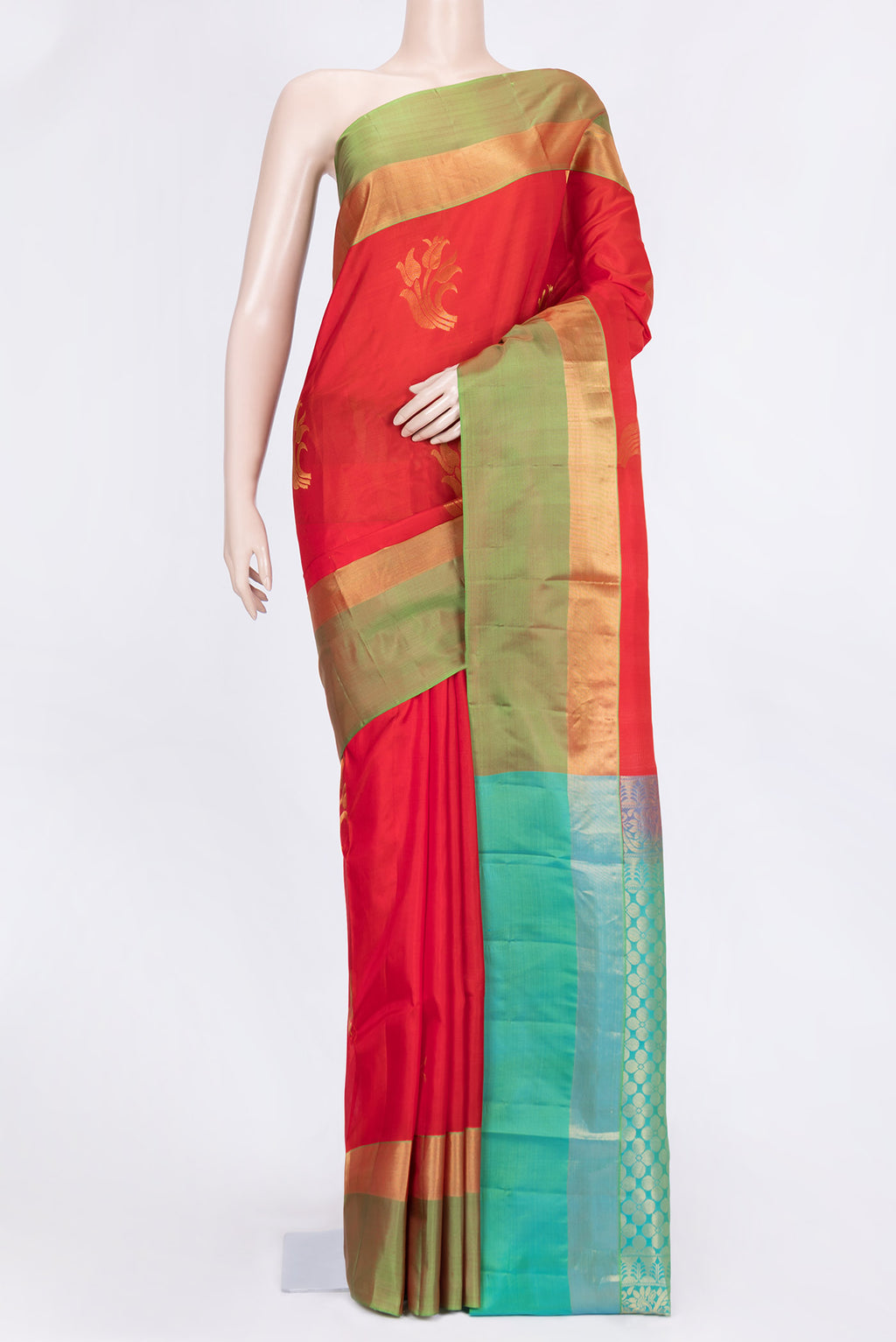 Red Dual Tone Soft Silk Saree with Zari Butta on the body and Zari Border.  displayed on a mannequin