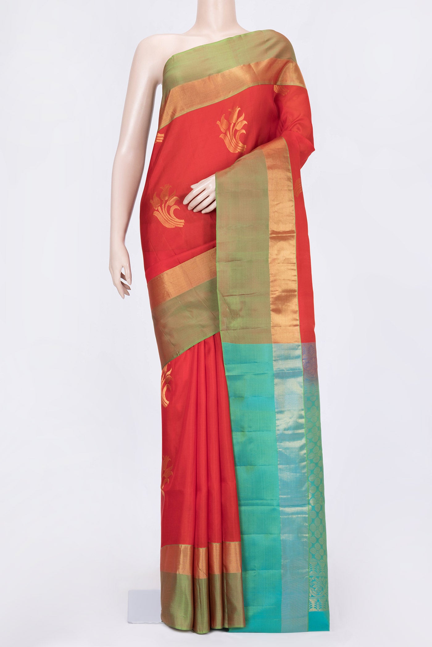 Red Dual Tone Soft Silk Saree with Zari Butta on the body and Zari Border.  displayed on a mannequin