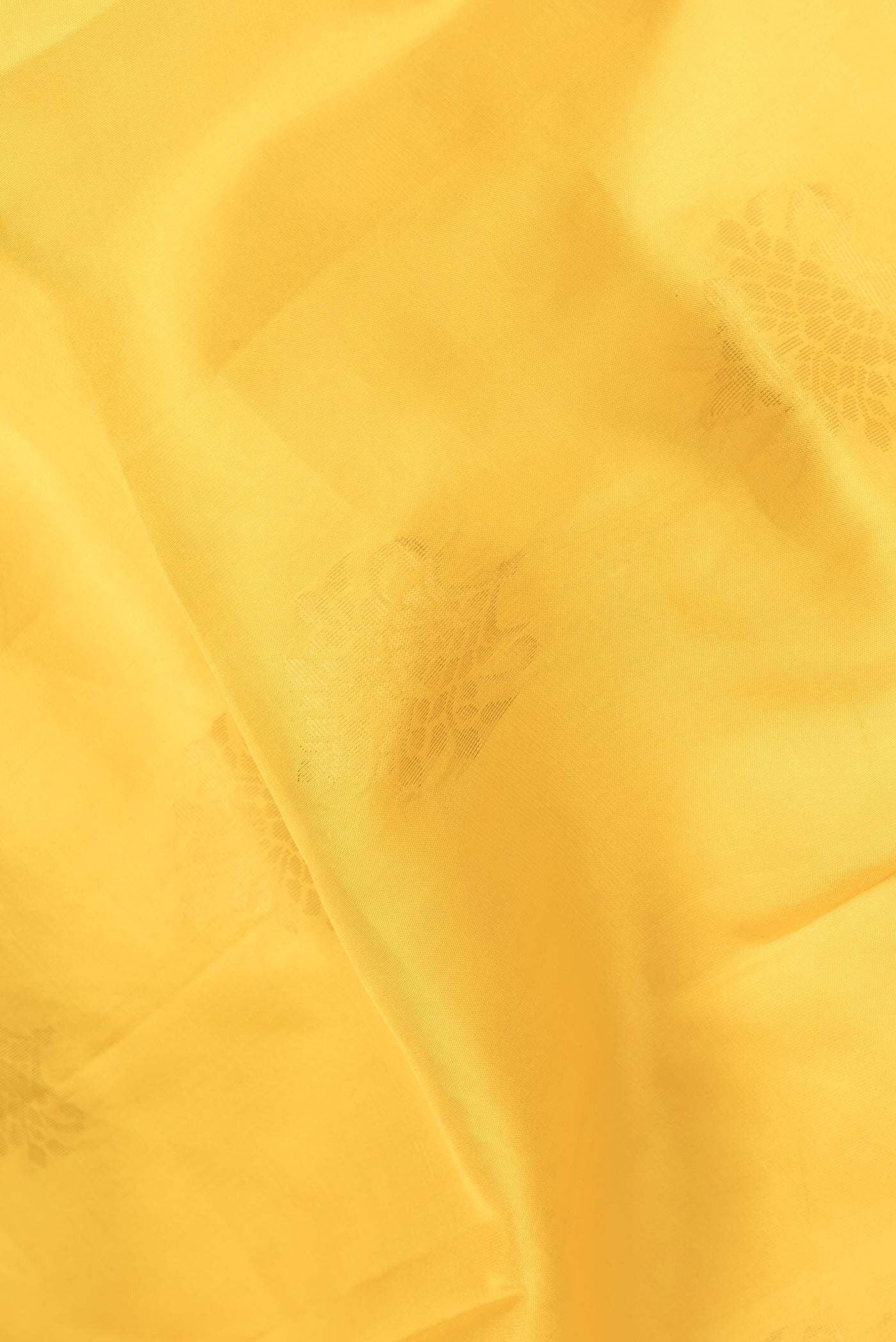 Close up of Yellow Dual Tone Soft Silk Saree with Zari Butta on the body and Fancy Border.  displaying folds
