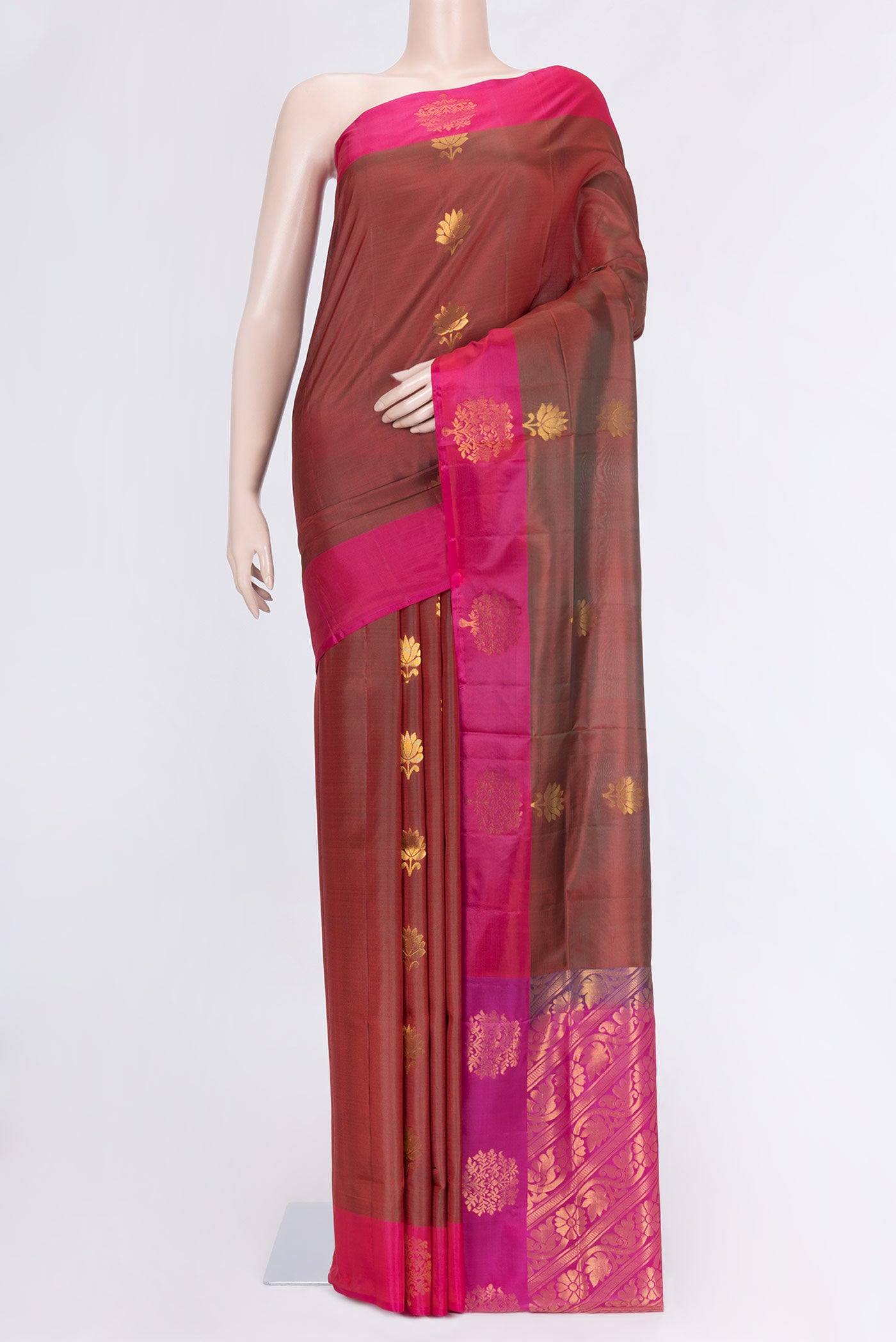 Maroon Dual Tone Soft Silk Saree with Zari Butta on the body and Zari Border.  displayed on a mannequin